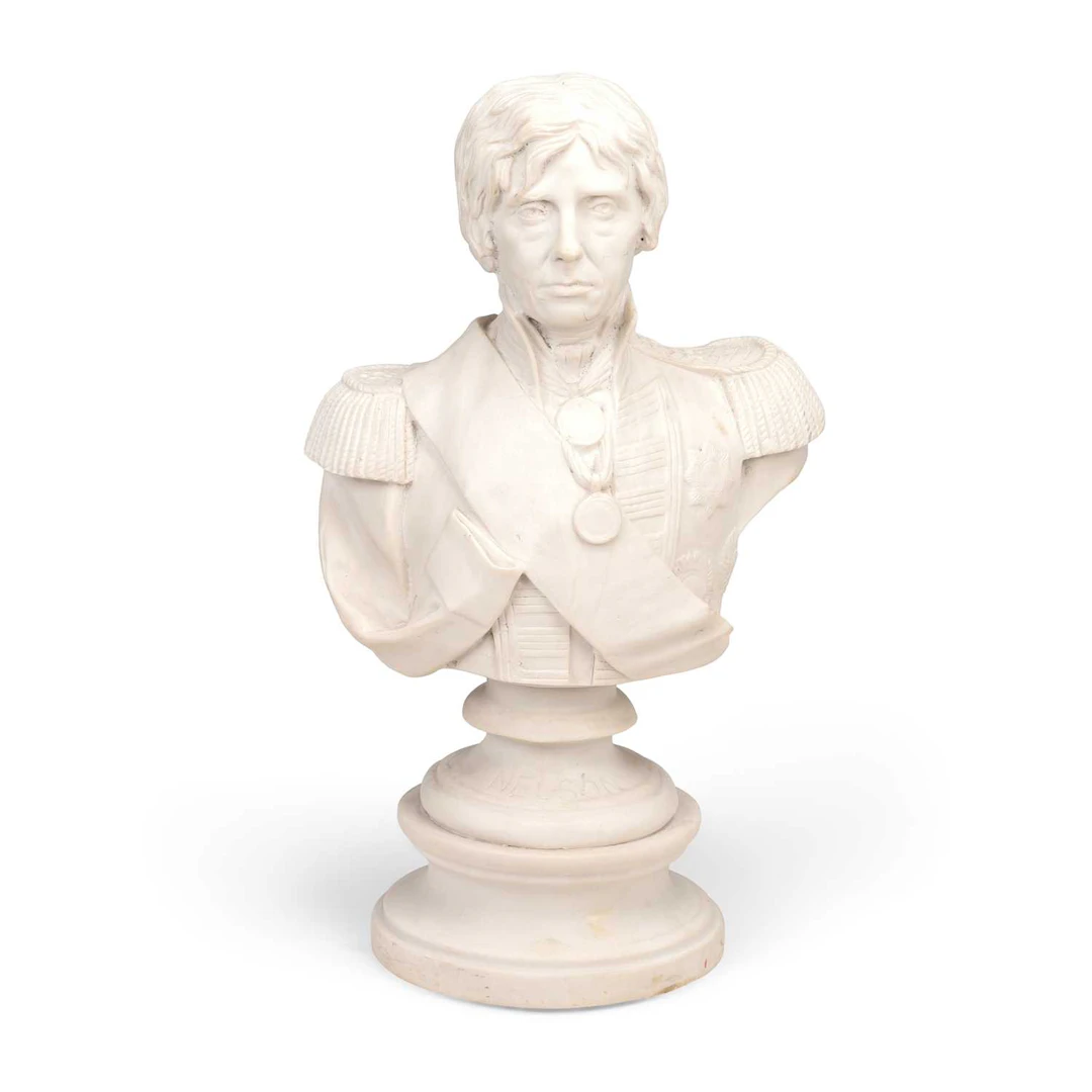 A RECONSTITUTED MARBLE BUST OF LORD NELSON A RECONSTITUTED MARBLE