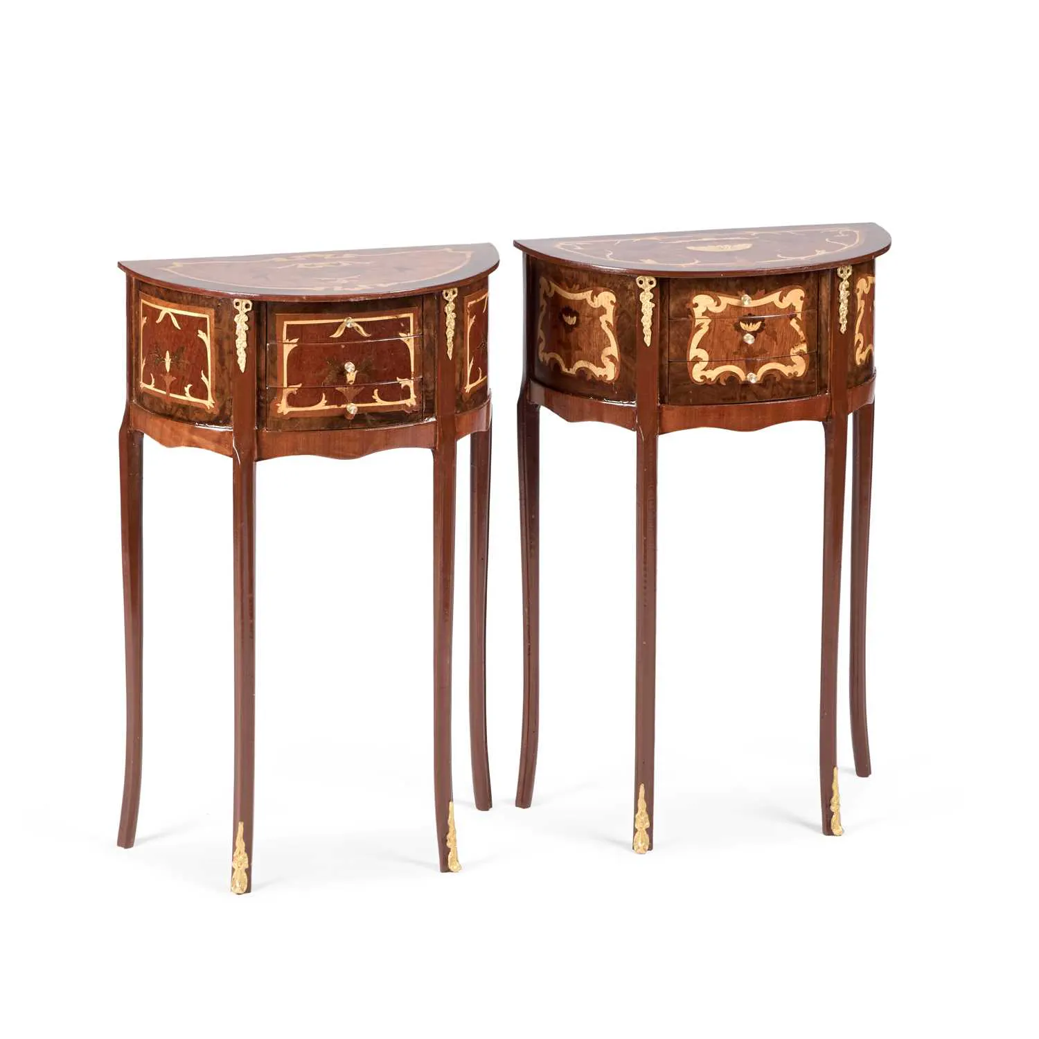 A PAIR OF CONTINENTAL MARQUETRY DEMILUNE SIDE TABLES | Barnebys