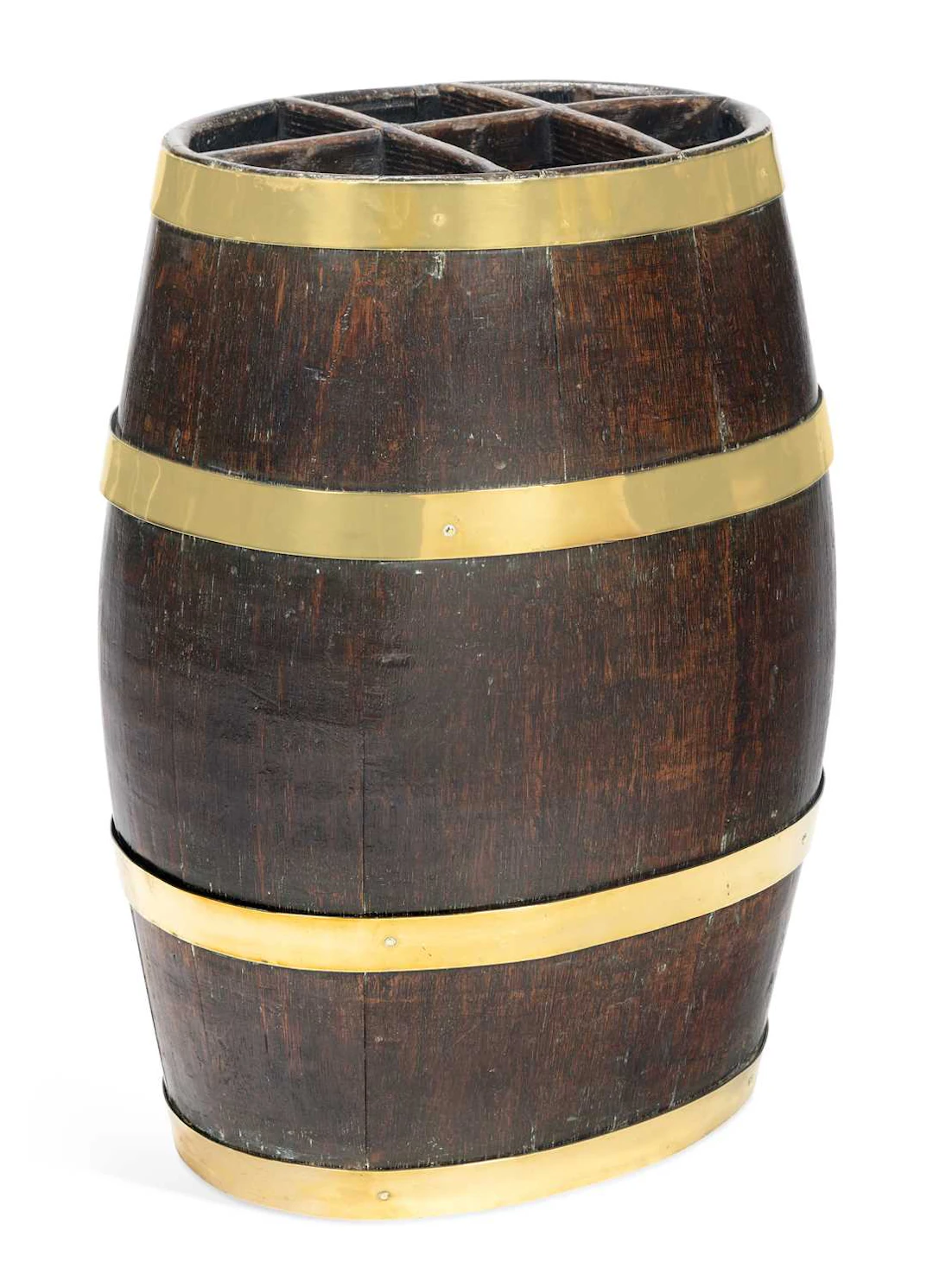 AN OAK AND BRASS BOUND BARREL STICK STAND
