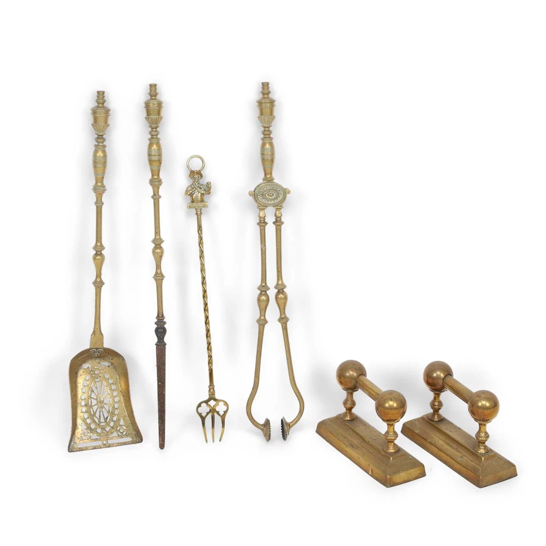 A GROUP OF BRASS FIRESIDE IMPLEMENTS