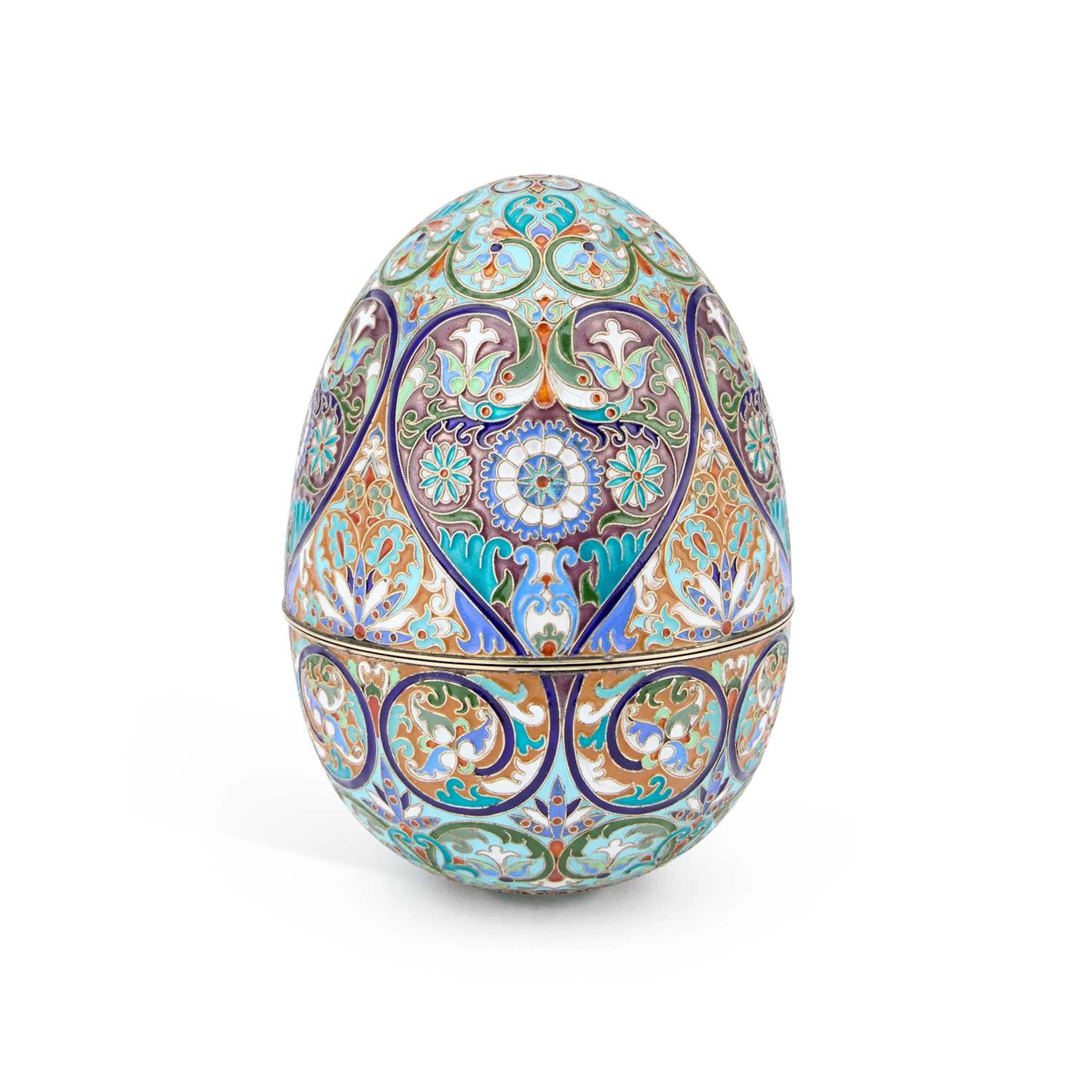 A RUSSIAN SILVER-GILT AND CHAMPLEVÉ ENAMEL EGG-SHAPED BOX