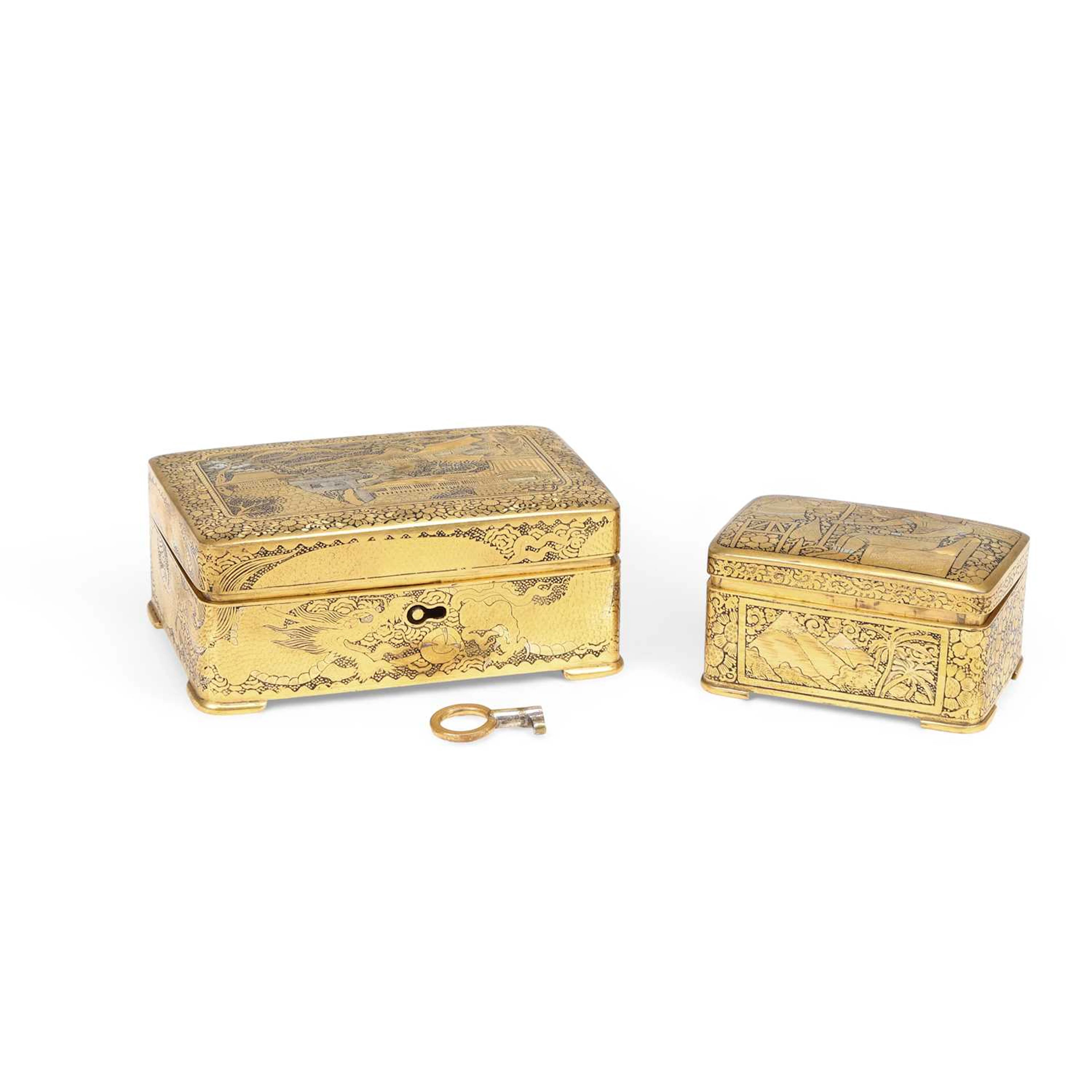 TWO JAPANESE DAMASCENED IRON BOXES OF KOMAI TYPE