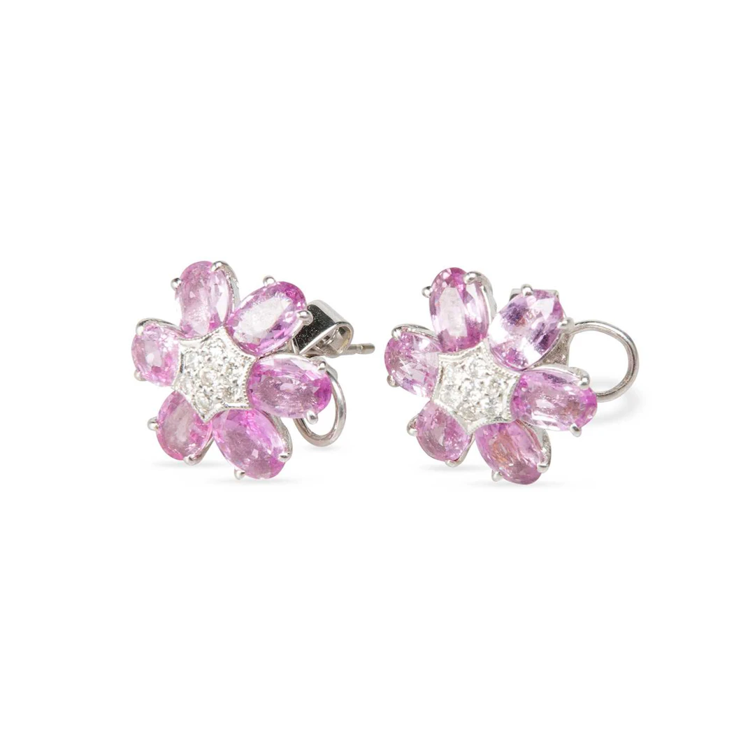 A PAIR OF PINK SAPPHIRE AND DIAMOND CLUSTER EARRINGS
