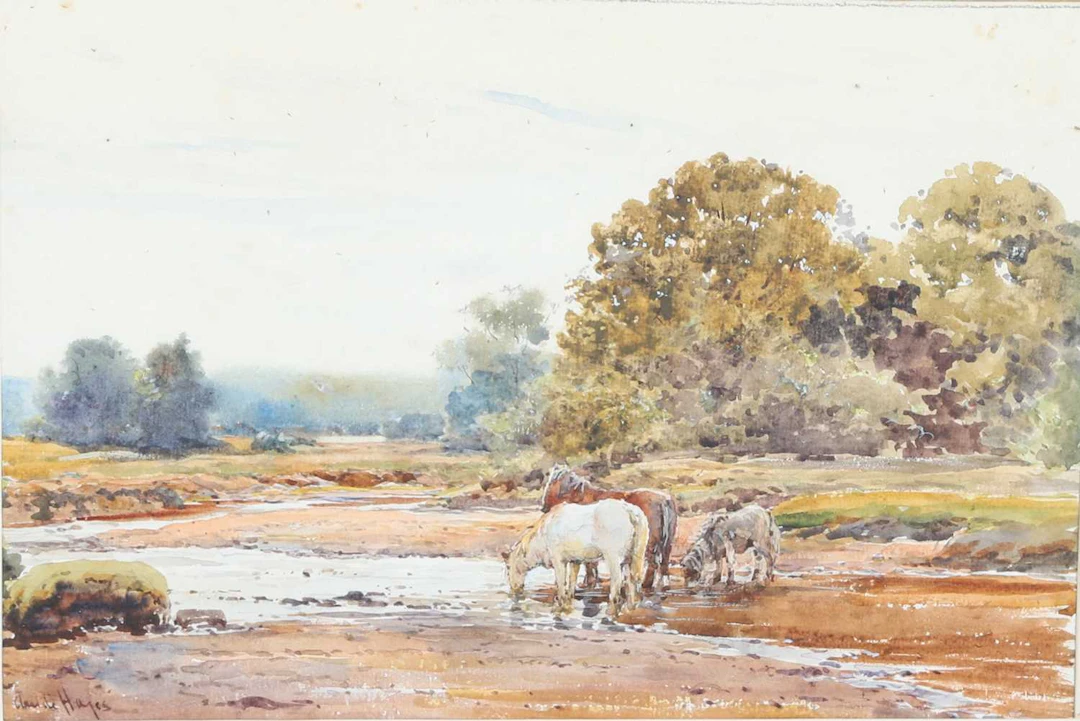 CLAUDE HAYES ROI, RWS (1852-1922) RIVER LANDSCAPE WITH HORSES WATERING