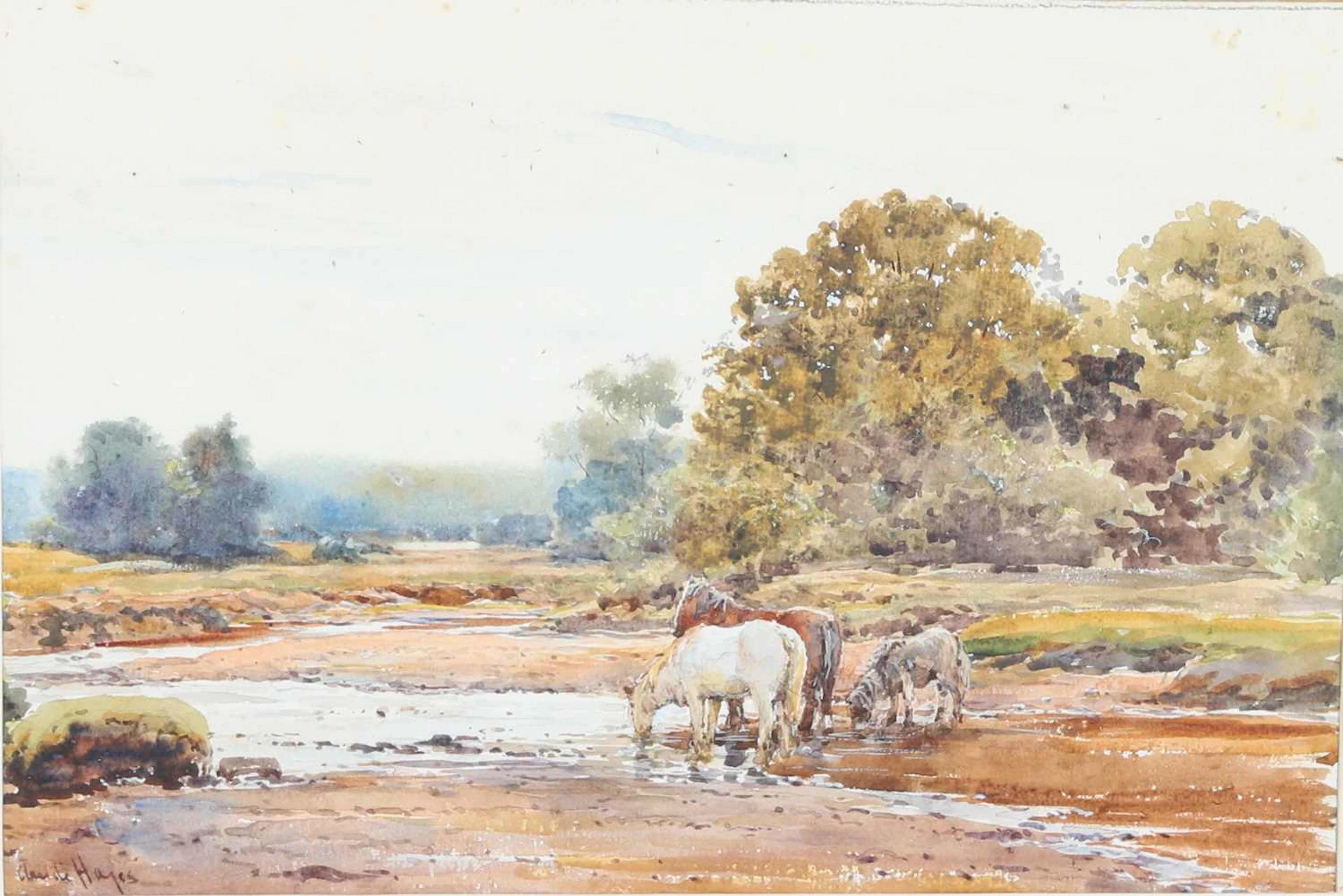 CLAUDE HAYES ROI, RWS (1852-1922) RIVER LANDSCAPE WITH HORSES WATERING