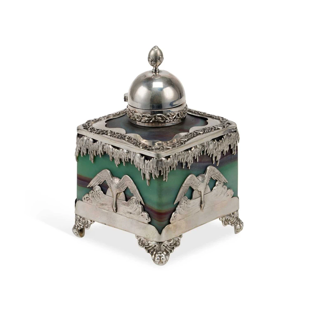 A LARGE FRENCH ART NOUVEAU SILVER AND GLASS INKWELL