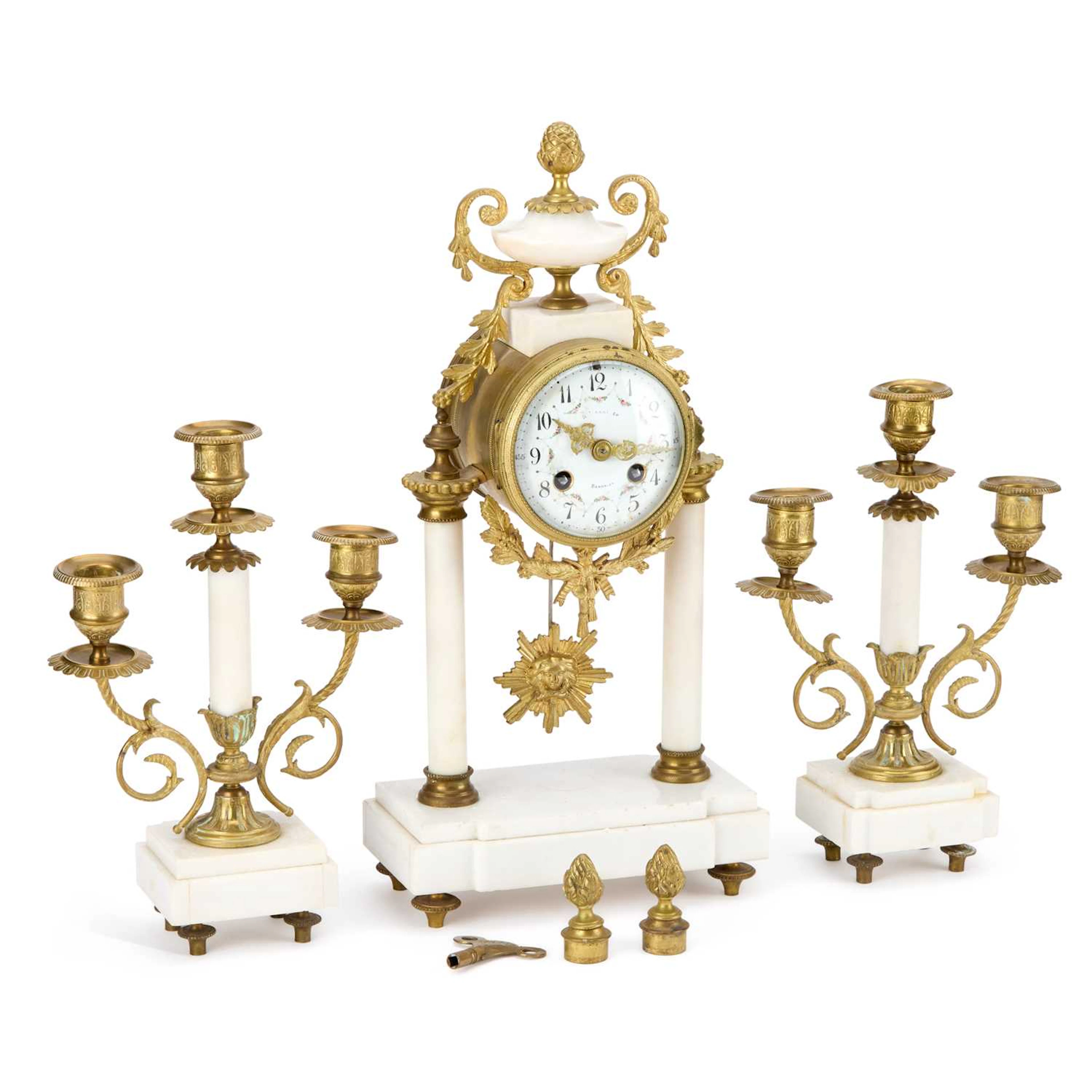 A FRENCH GILT-METAL AND WHITE MARBLE CLOCK GARNITURE LATE 19TH CENTURY