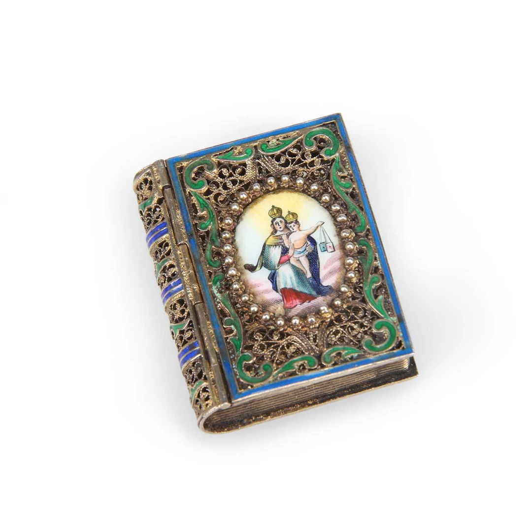 A PORTUGUESE SILVER FILIGREE AND ENAMEL BOOK FORM BOX
