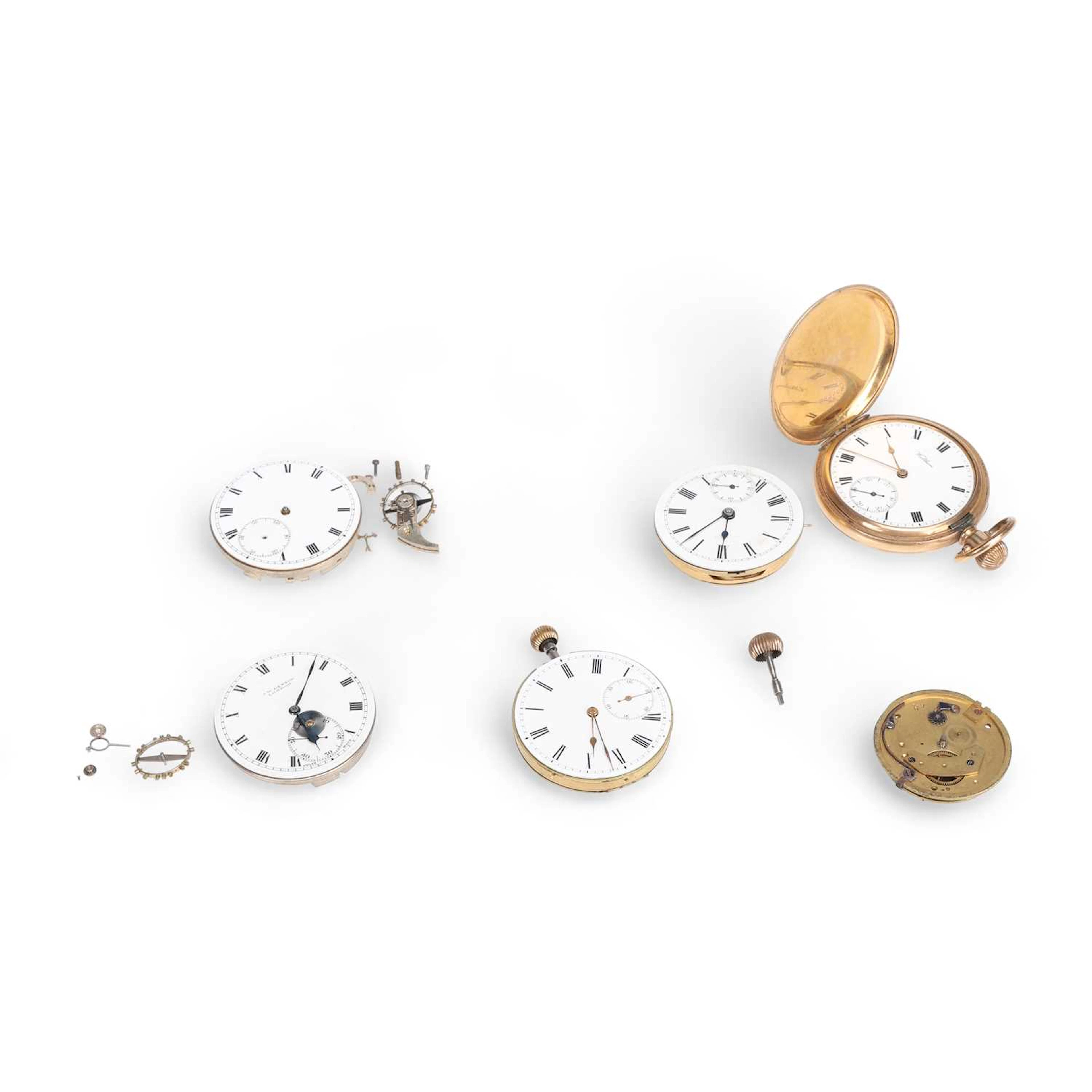 A GOLD PLATED WALTHAM FULL HUNTER POCKET WATCH AND FIVE MOVEMENTS