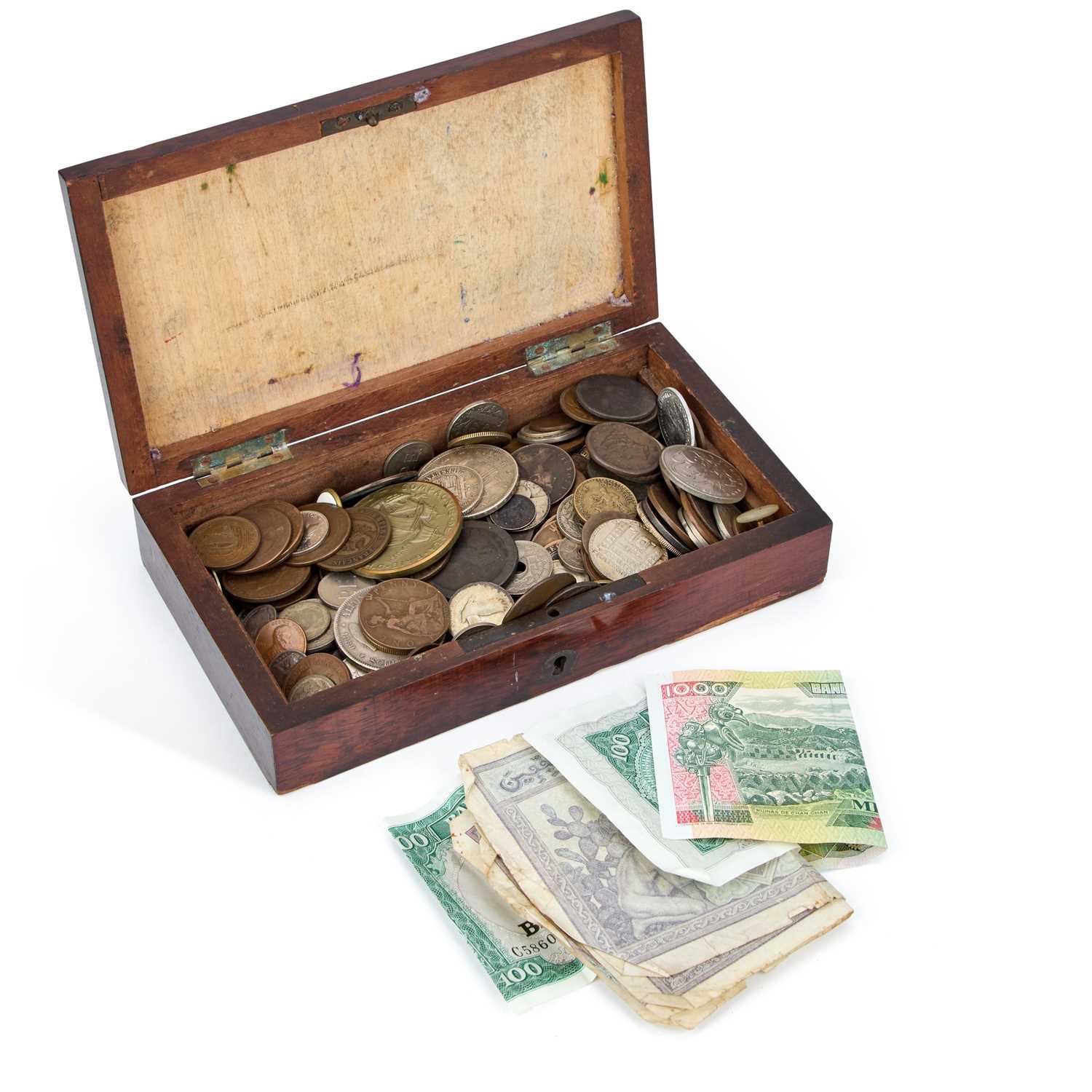 A SMALL MAHOGANY BOX AND A COLLECTION OF COINS AND BANKNOTES