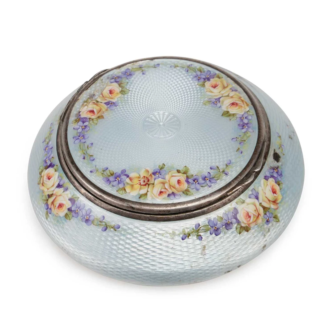 A CONTINENTAL SILVER AND ENAMEL DRESSING TABLE BOX