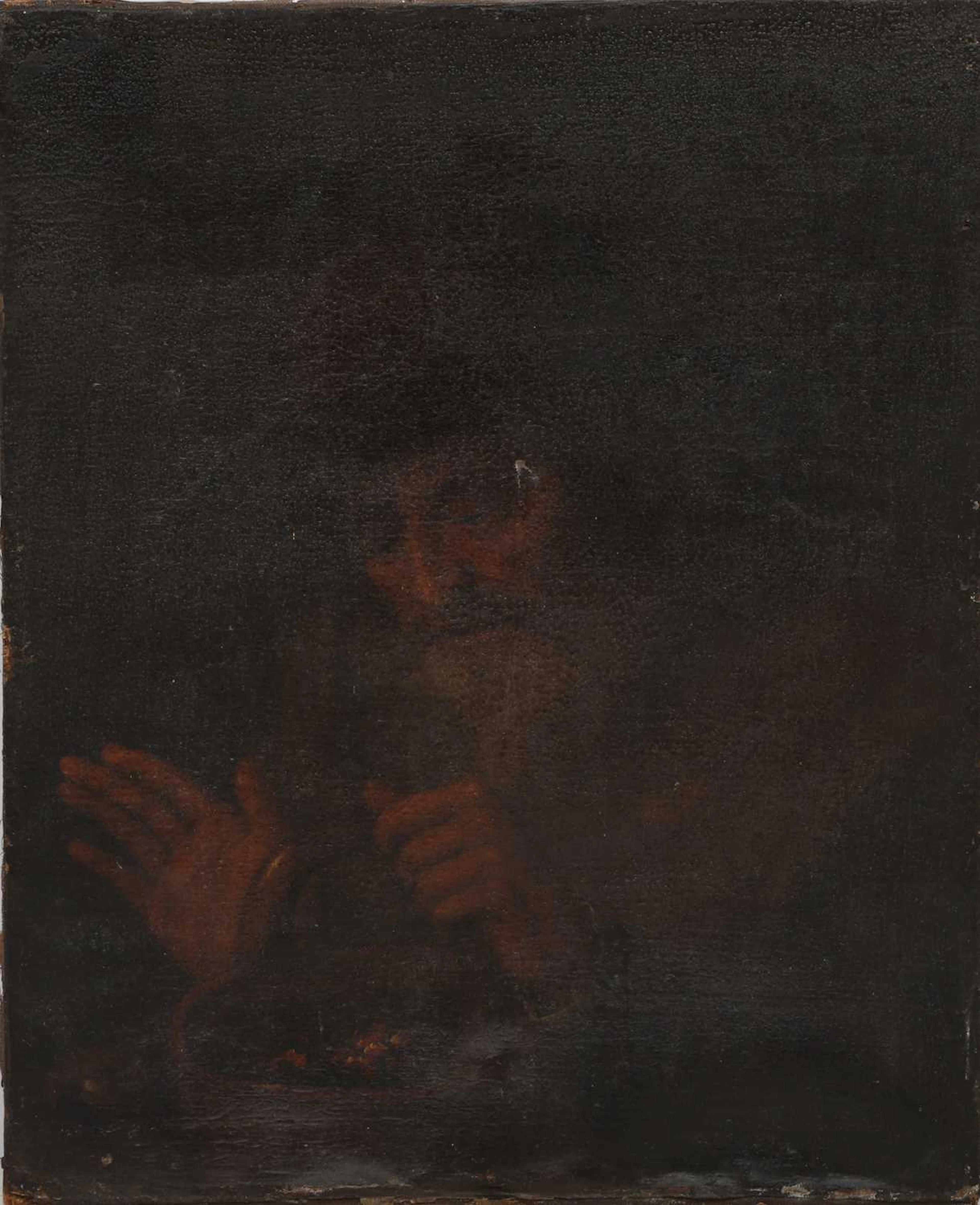 17TH CENTURY DUTCH SCHOOL A PEASANT WARMING HIS HANDS ON A COPPER BRAZIER