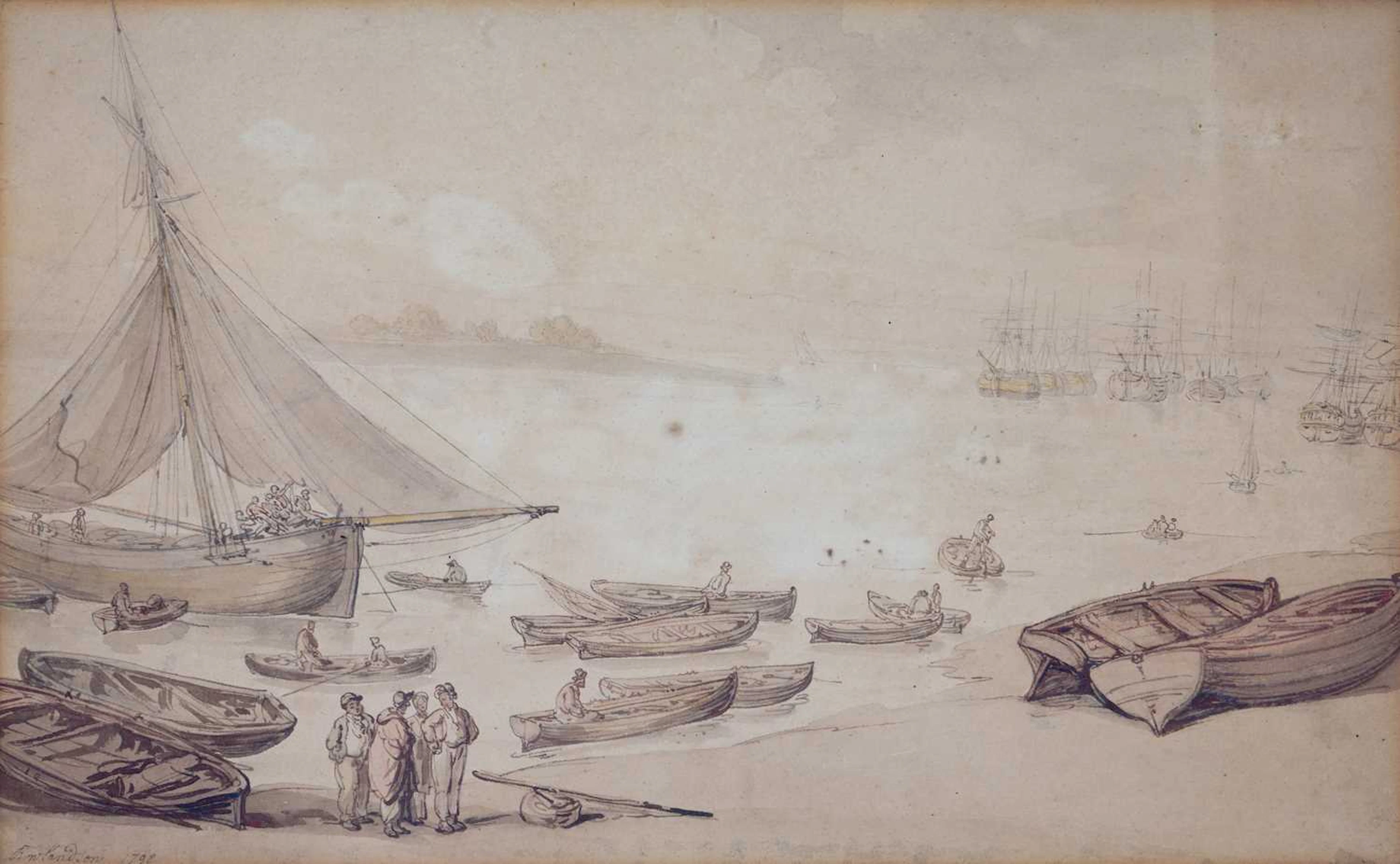 THOMAS ROWLANDSON (1757-1827) VIEW OF THE THAMES ESTUARY, WARSHIPS AT ANCHOR