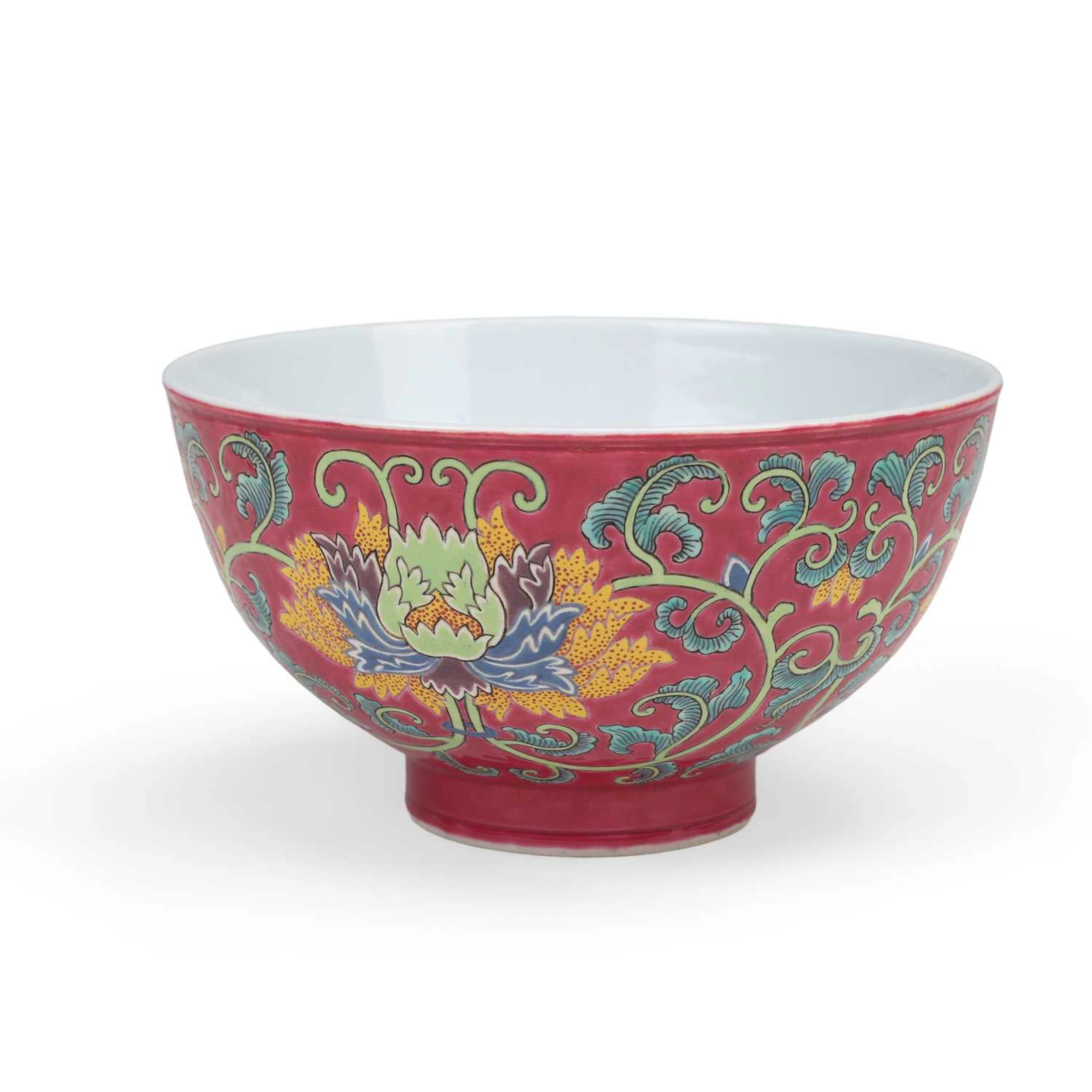 A CHINESE FAMILLE ROSE RUBY-GROUND BOWL