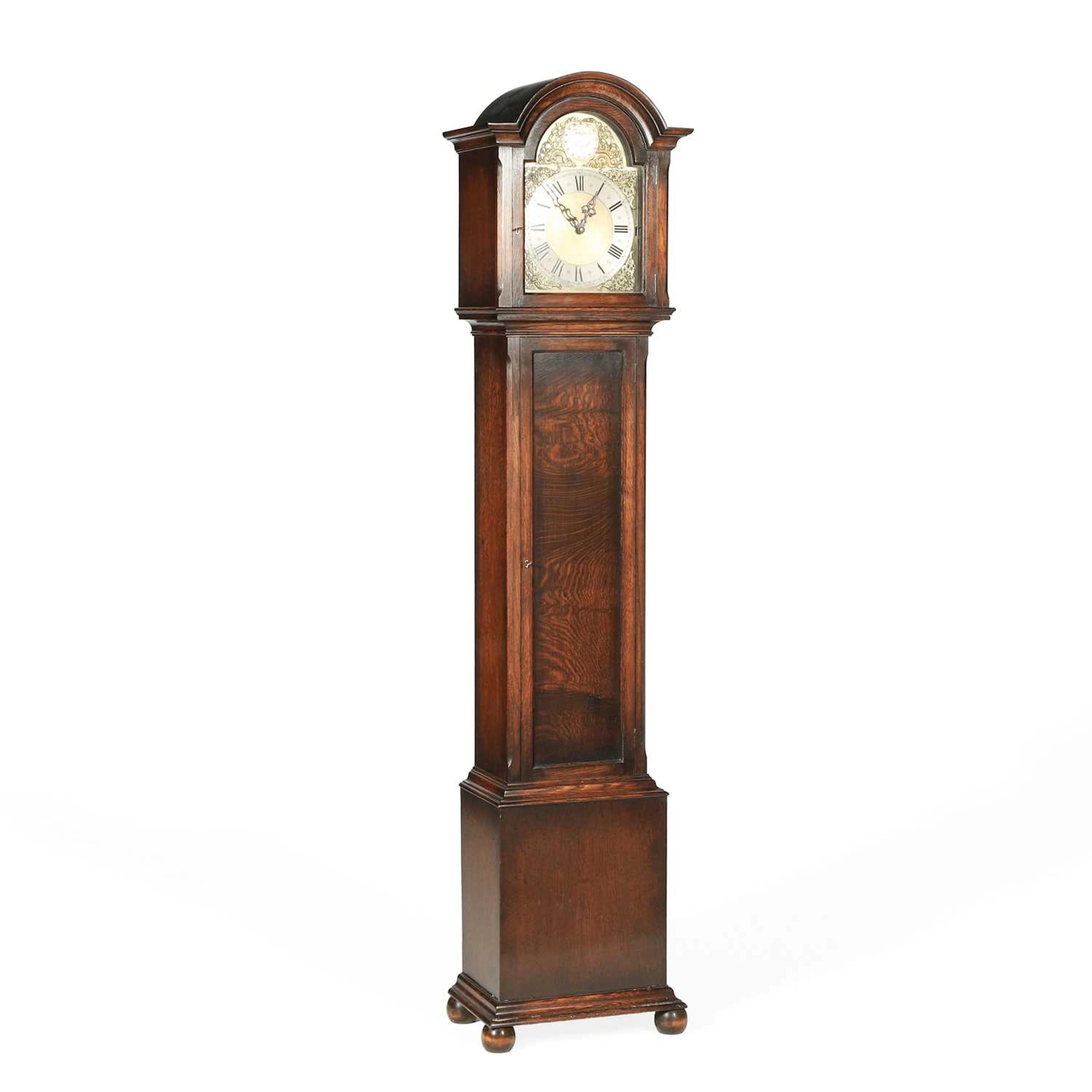 AN OAK THREE-WEIGHT LONGCASE CLOCK
