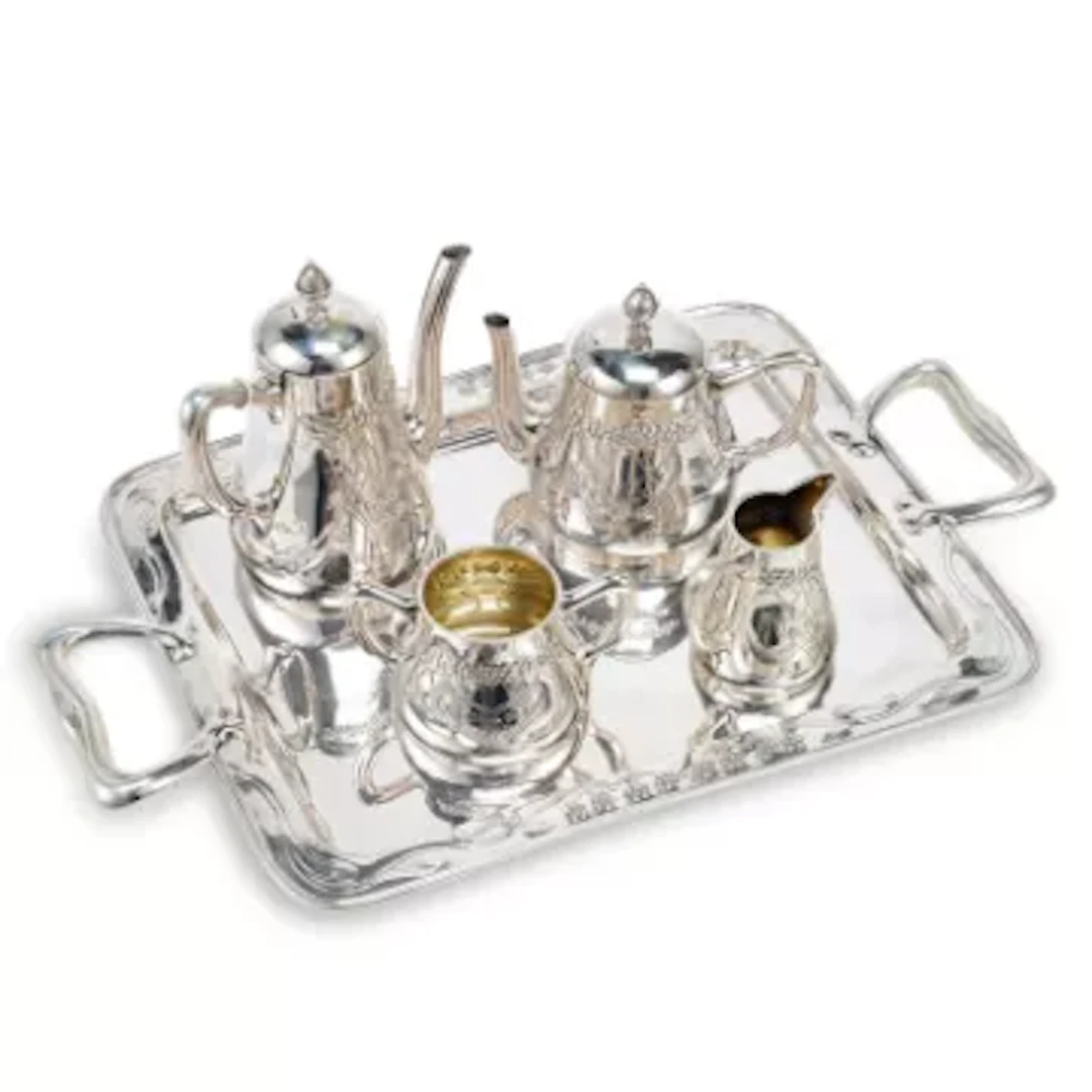 A SPANISH ART NOUVEAU SILVER FOUR-PIECE TEA SERVICE ON TRAY