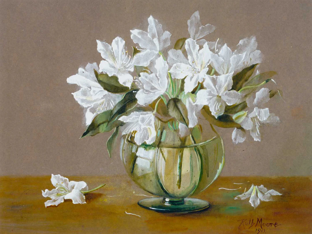 RUTH MOORE (19TH/20TH CENTURY) STILL LIFE OF WHITE AZALEAS IN A GLASS VASE