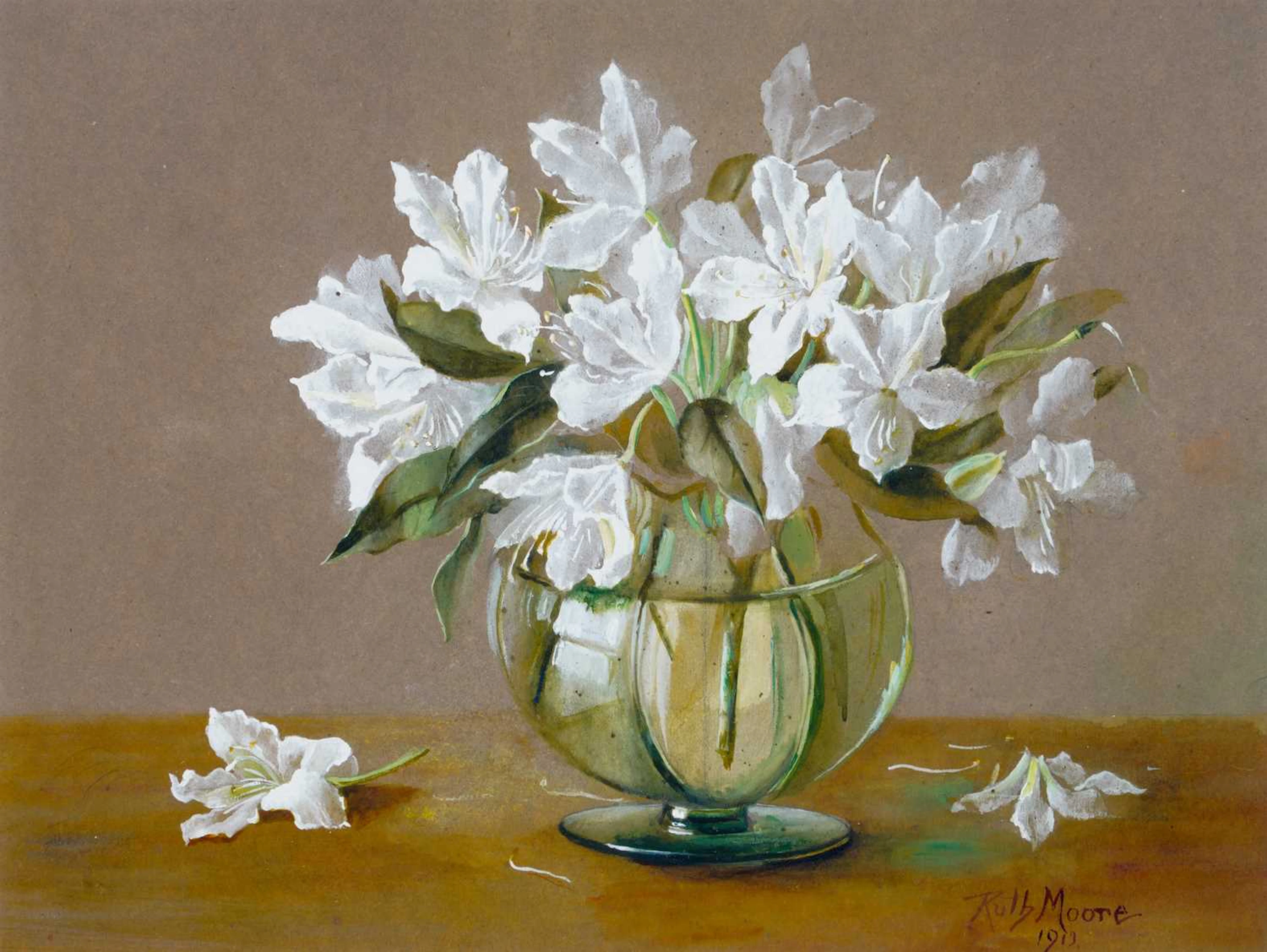RUTH MOORE (19TH/20TH CENTURY) STILL LIFE OF WHITE AZALEAS IN A GLASS VASE