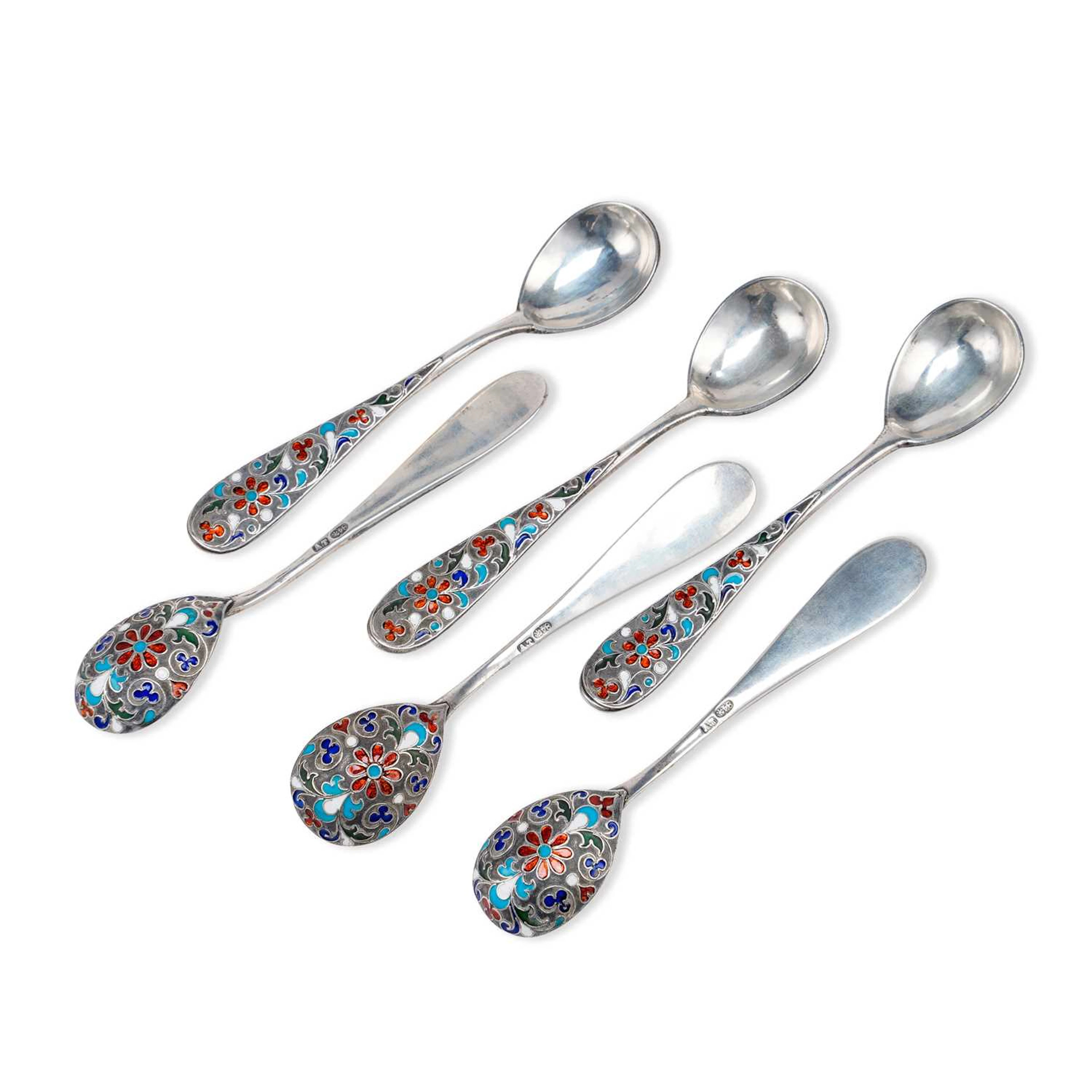 A SET OF SIX RUSSIAN SILVER AND ENAMEL COFFEE SPOONS