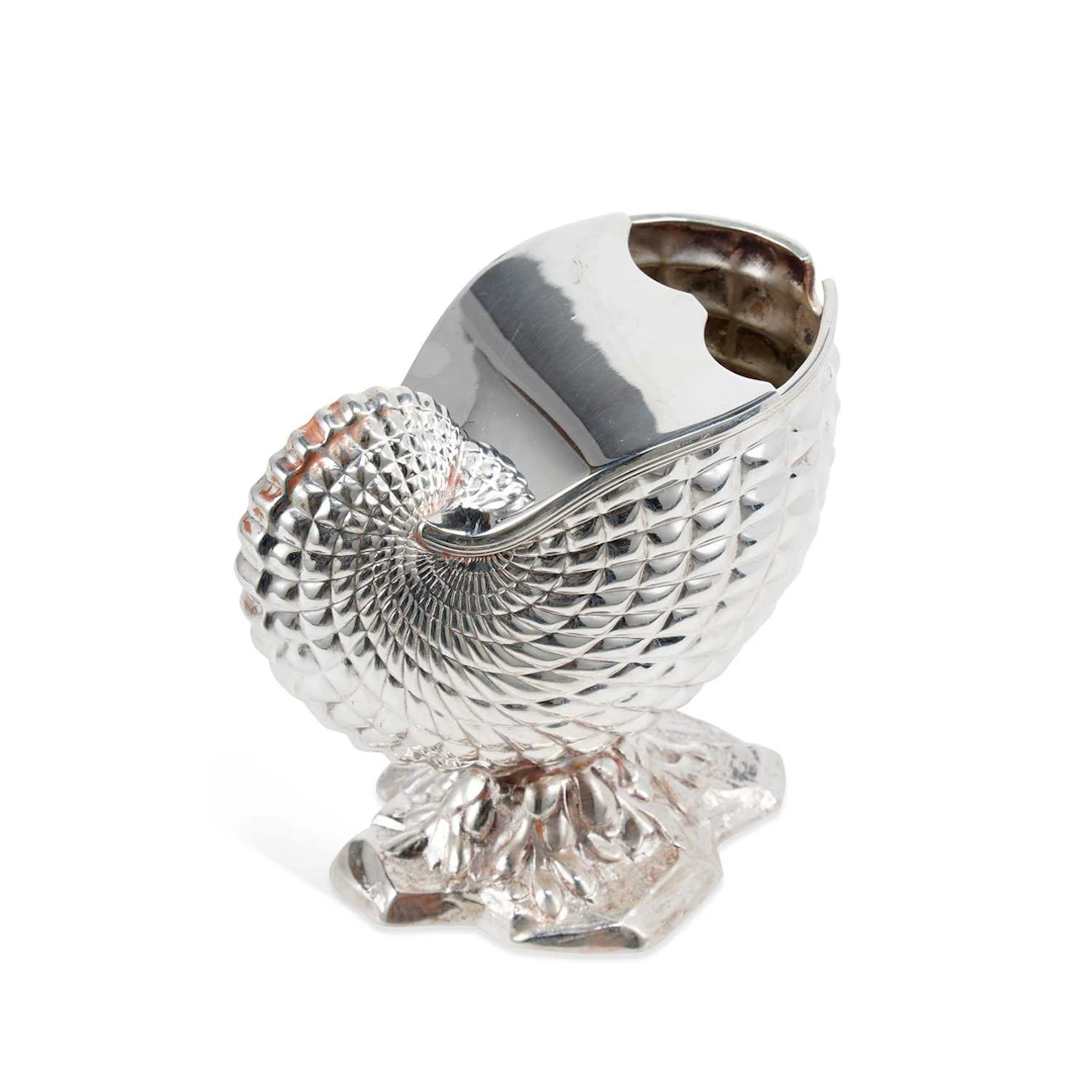 A SILVER-PLATED SPOON WARMER IN THE FORM OF A NAUTILUS