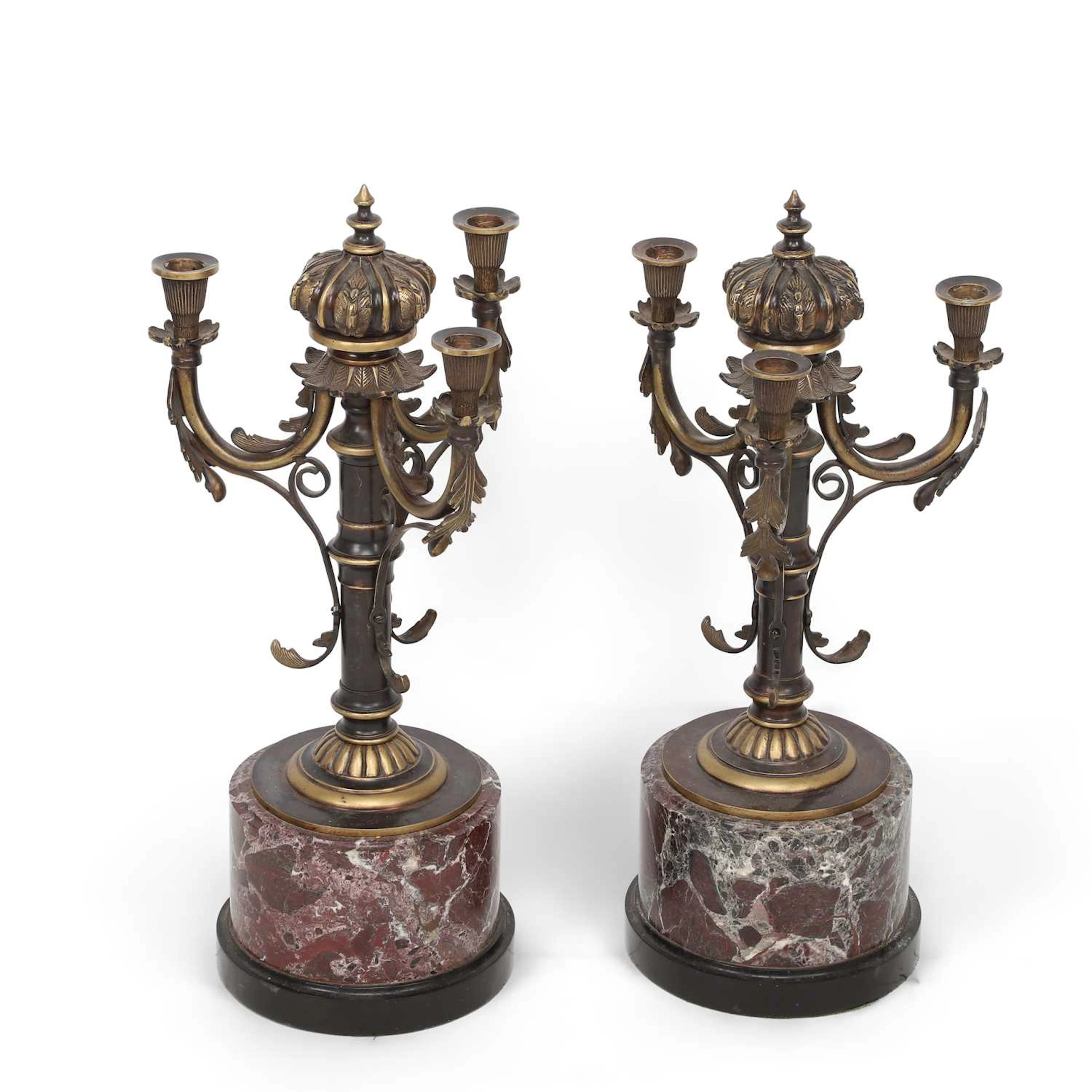 A PAIR OF BRONZE THREE-LIGHT CANDELABRA