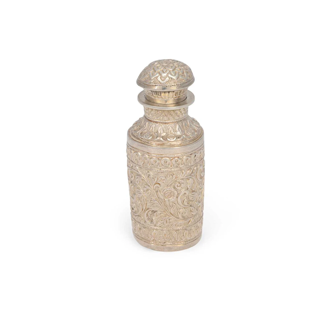 AN INDIAN SILVER BOTTLE AND STOPPER