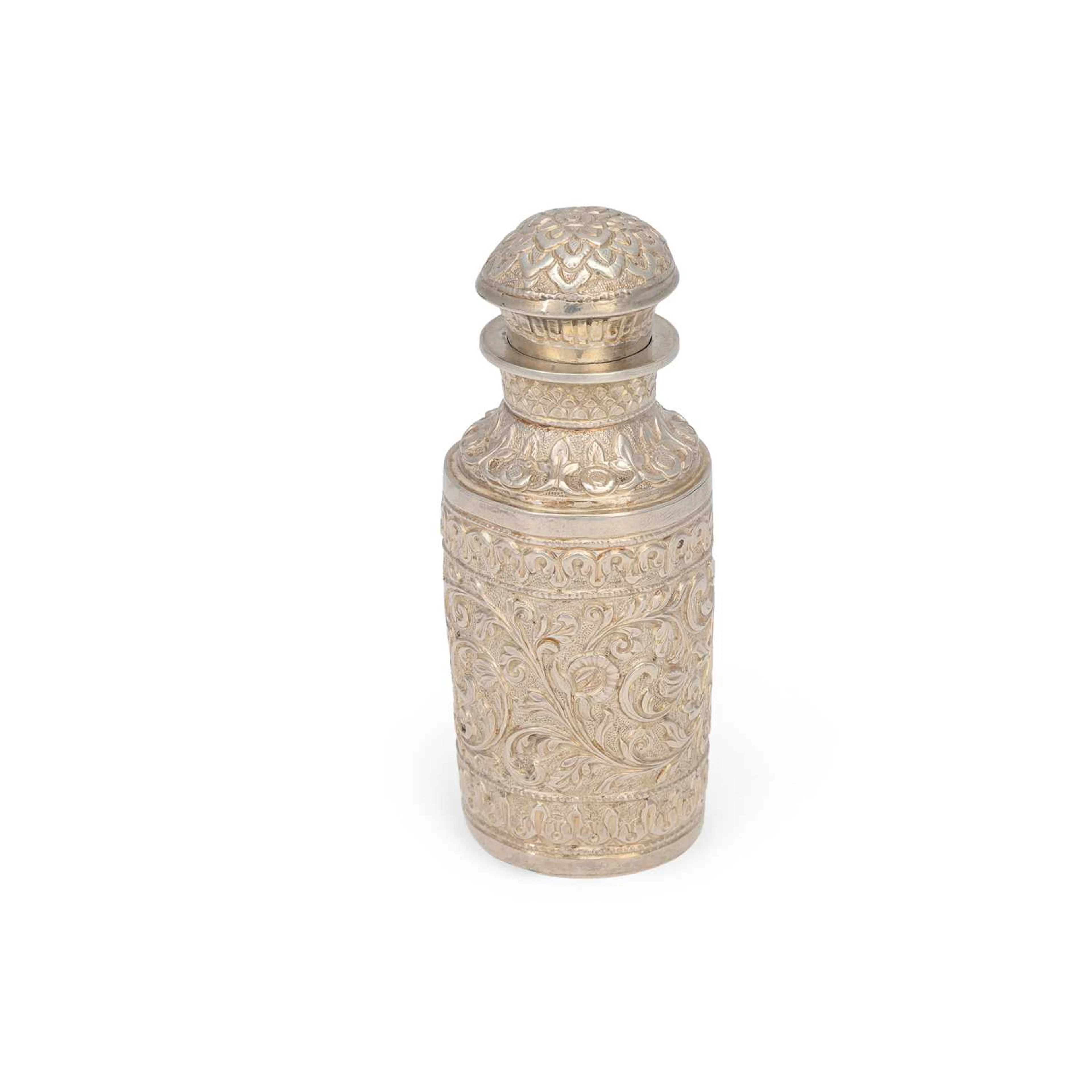 AN INDIAN SILVER BOTTLE AND STOPPER
