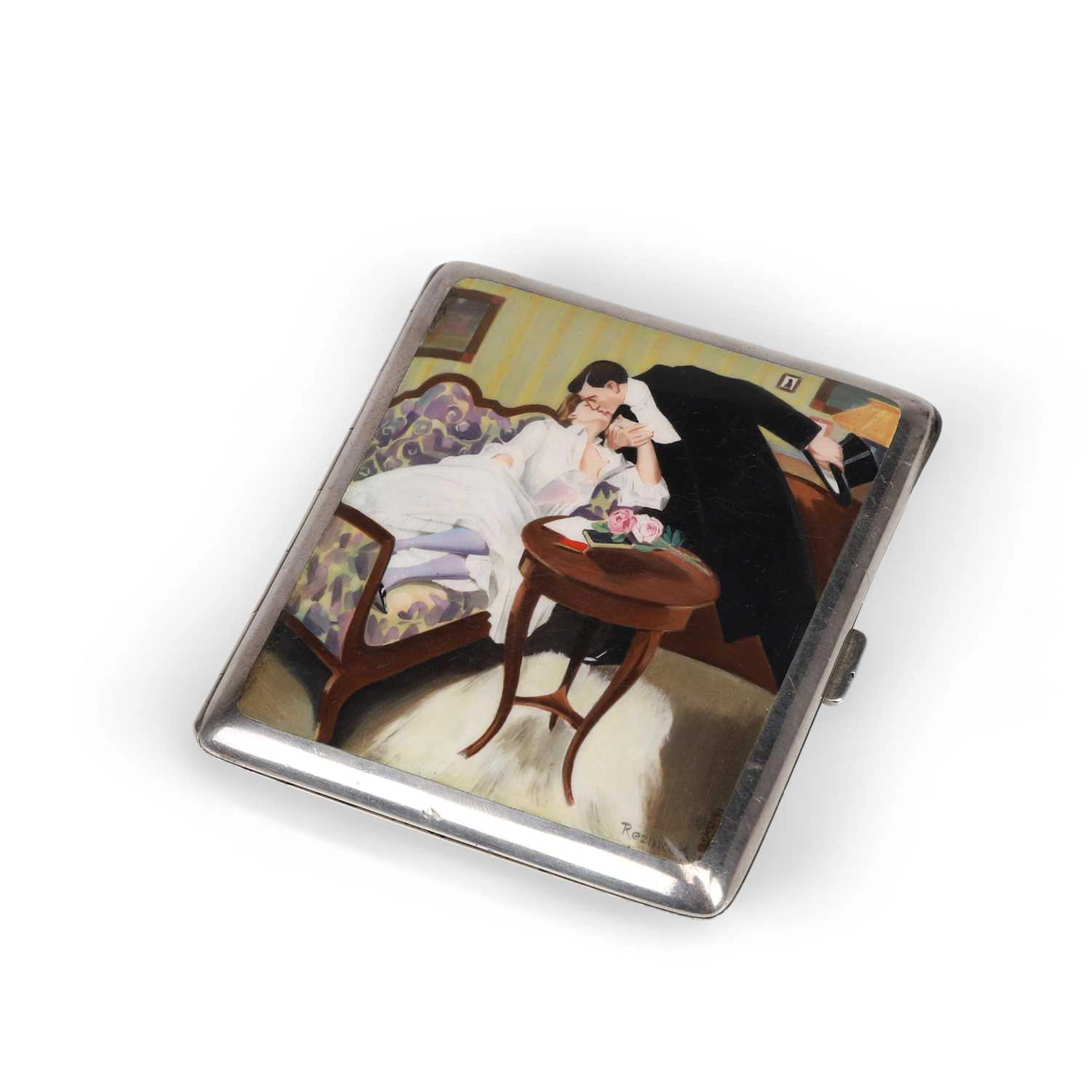 A CONTINENTAL SILVER AND ENAMEL CIGARETTE CASE AFTER FERDINAND VON REZNICEK