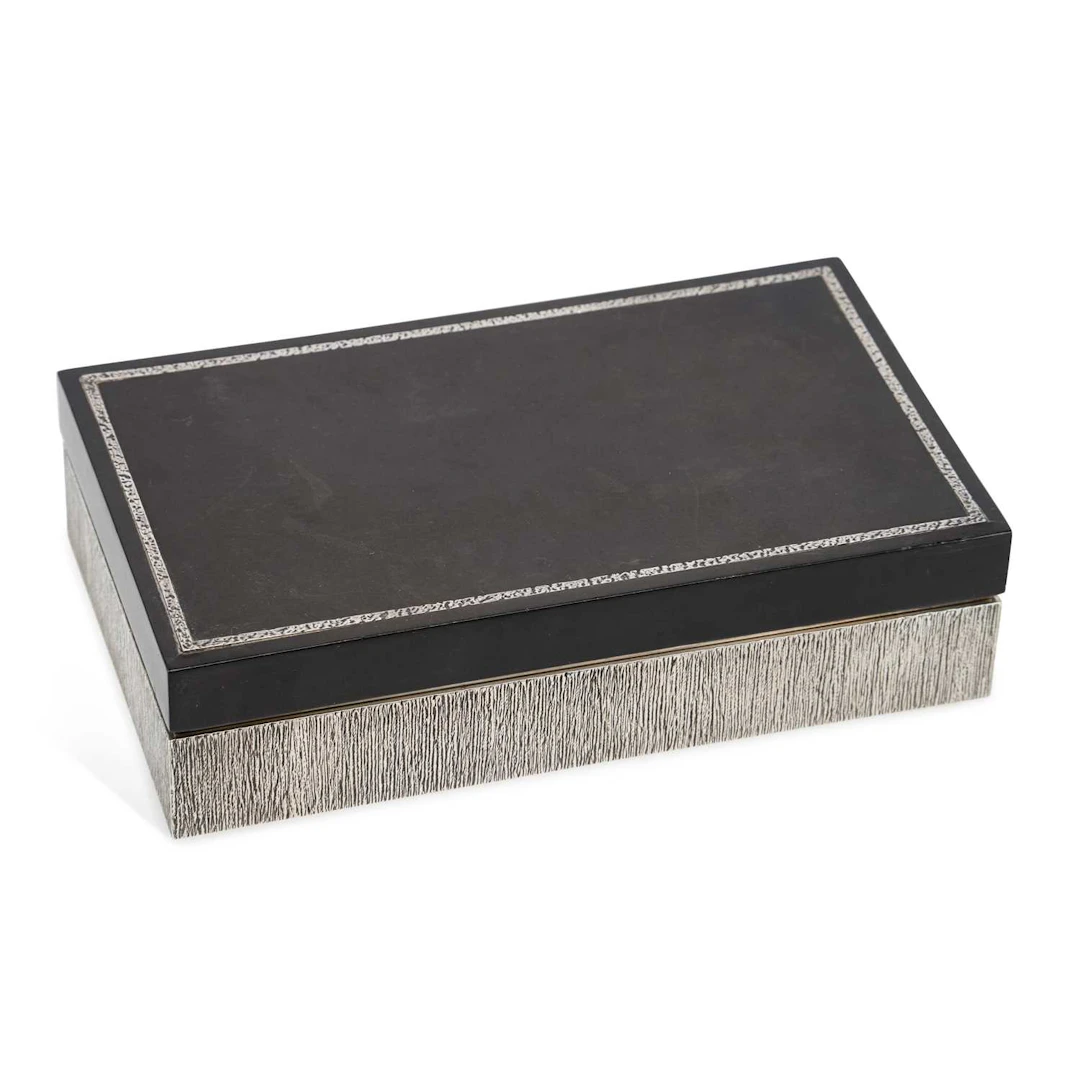 AN ELIZABETH II MODERNIST SILVER-MOUNTED CIGAR/ CIGARETTE BOX