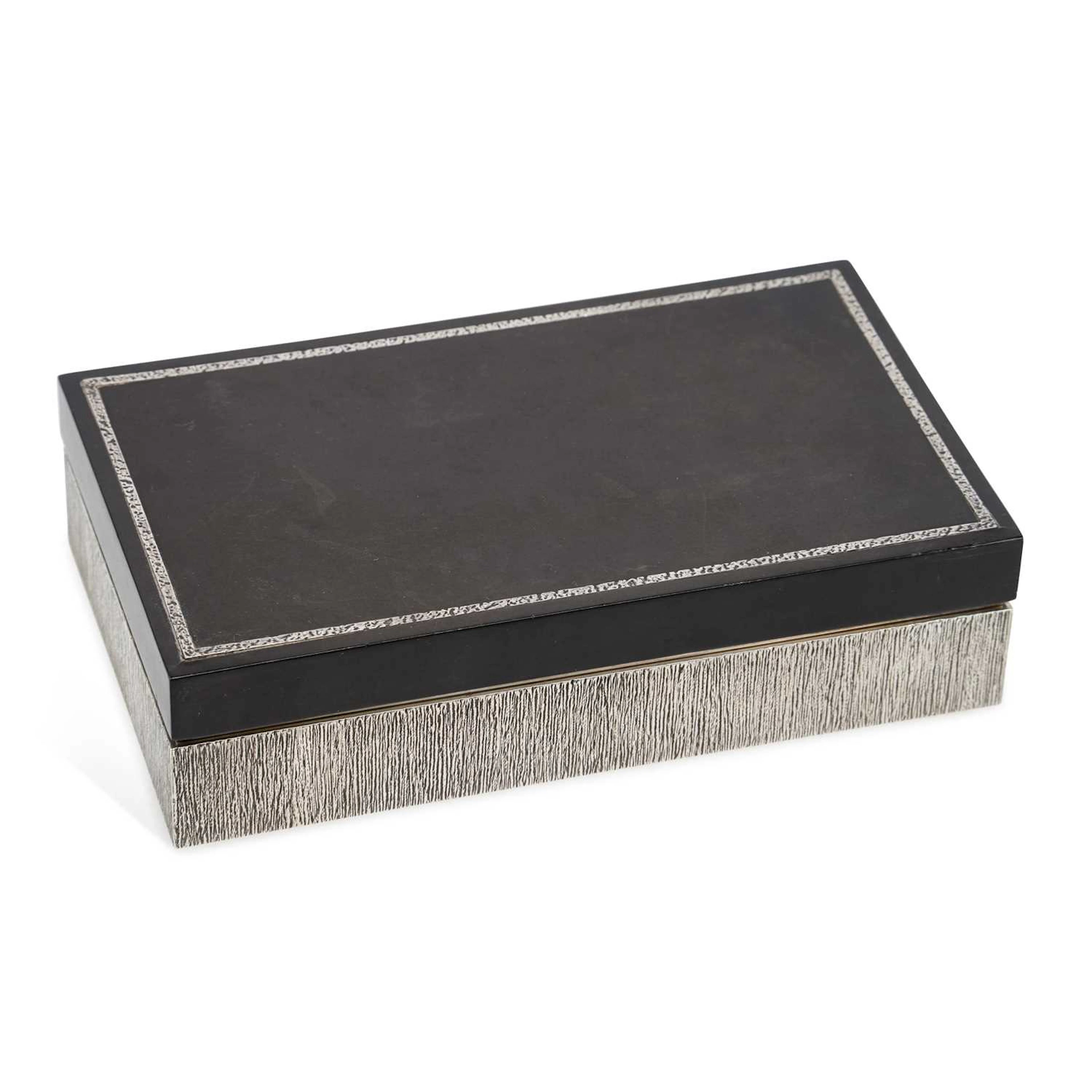 AN ELIZABETH II MODERNIST SILVER-MOUNTED CIGAR/ CIGARETTE BOX