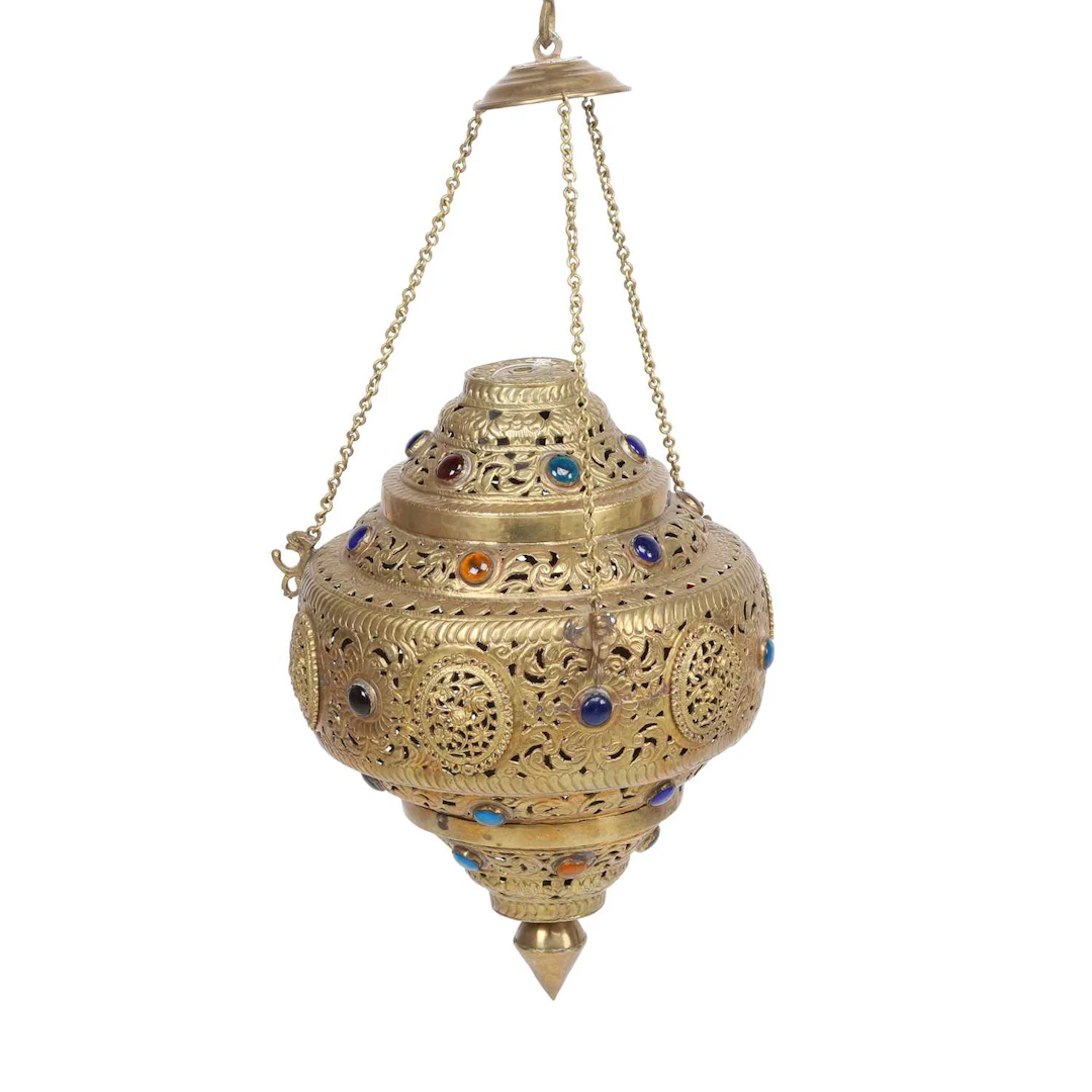 A JEWELLED PIERCED BRASS HANGING LAMP