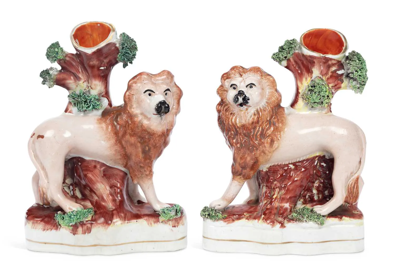 A PAIR OF STAFFORDSHIRE LION SPILL VASES 19TH CENTURY