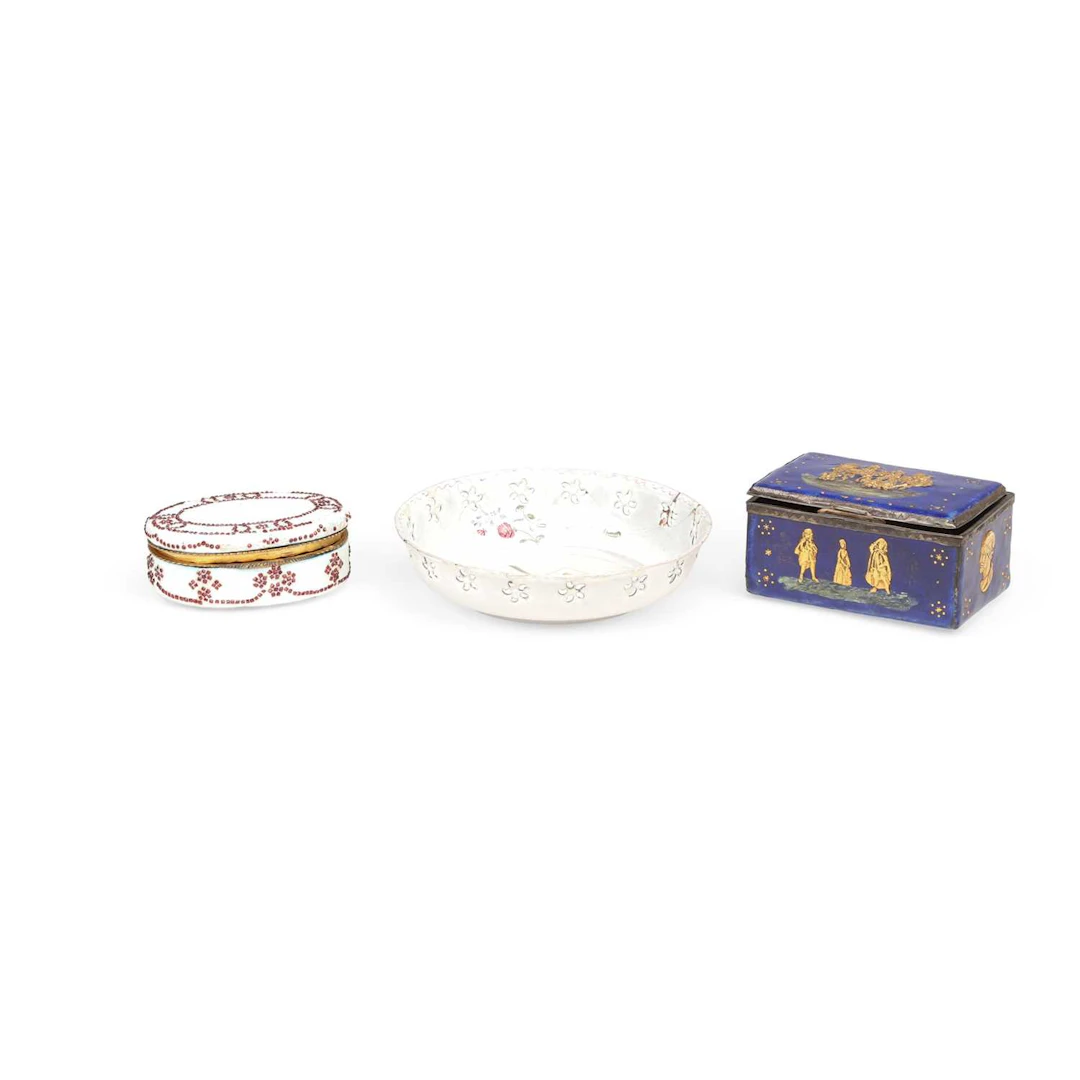 TWO ENAMEL BOXES AND AN ENAMEL DISH