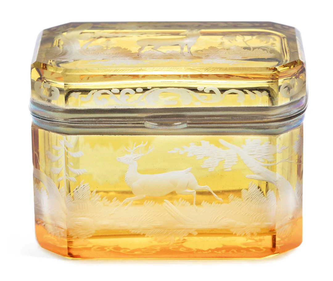 A BOHEMIAN AMBER FLASHED GLASS CASKET CIRCA 1880