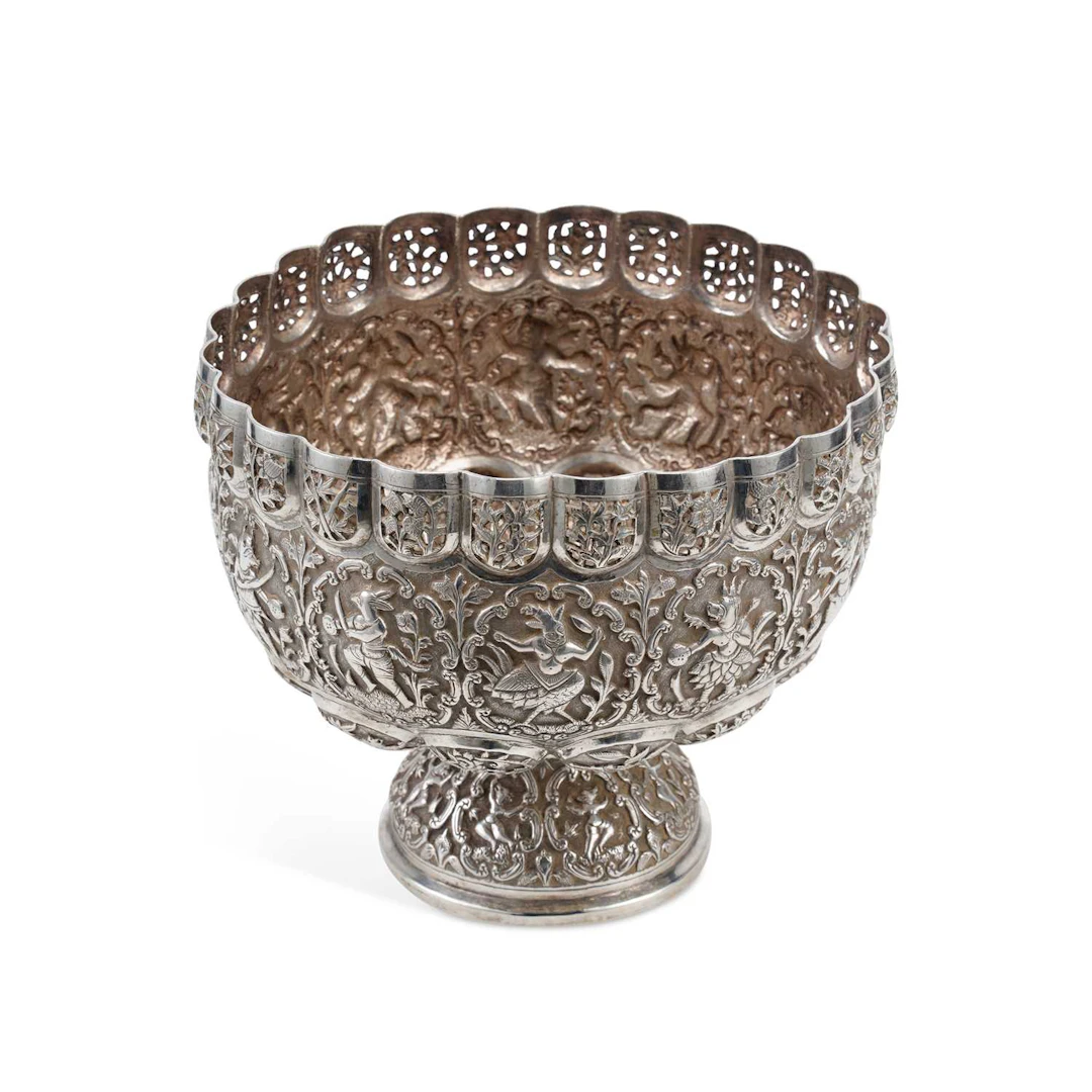 A SOUTH ASIAN SILVER PEDESTAL BOWL