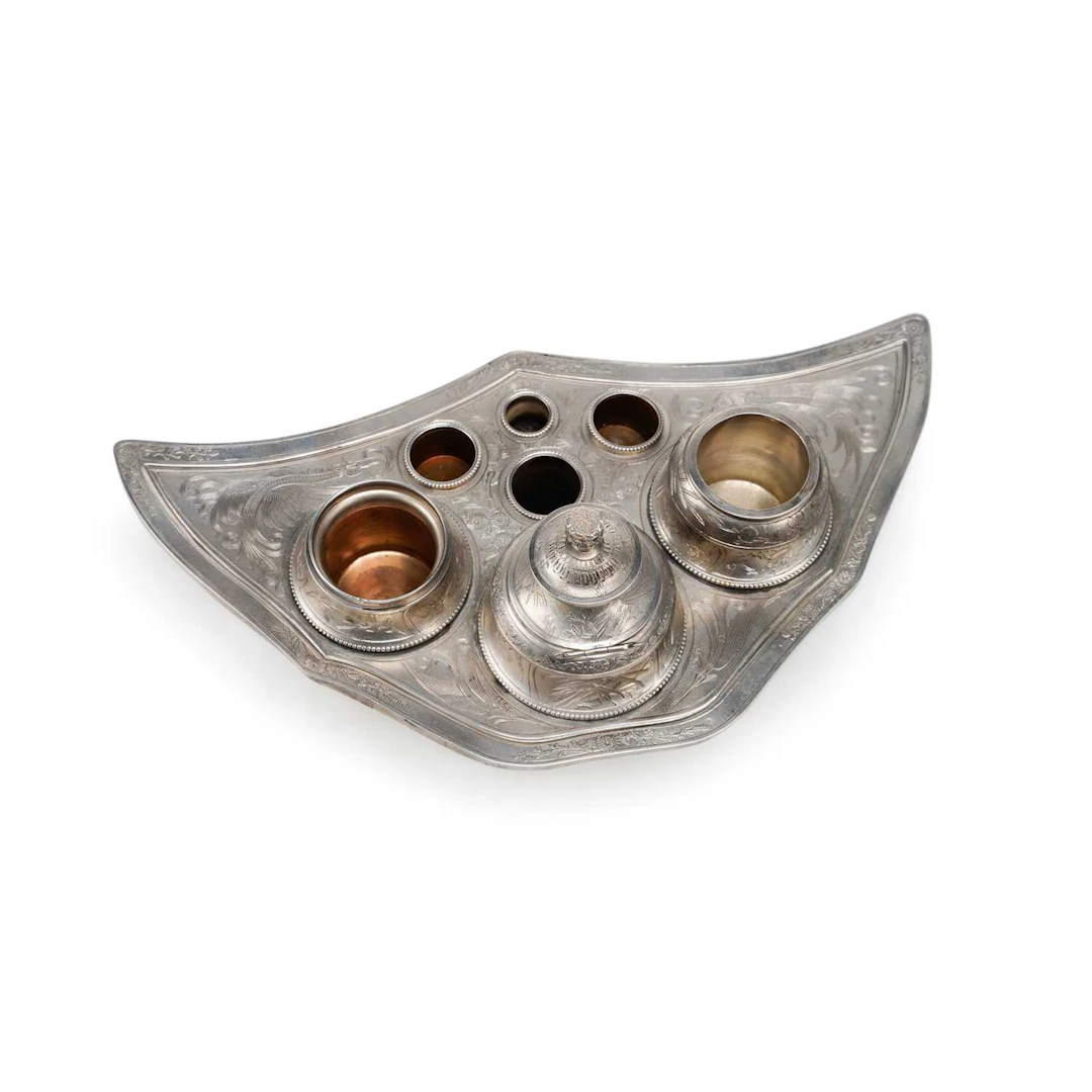 A SILVER AND PORCELAIN INK STAND