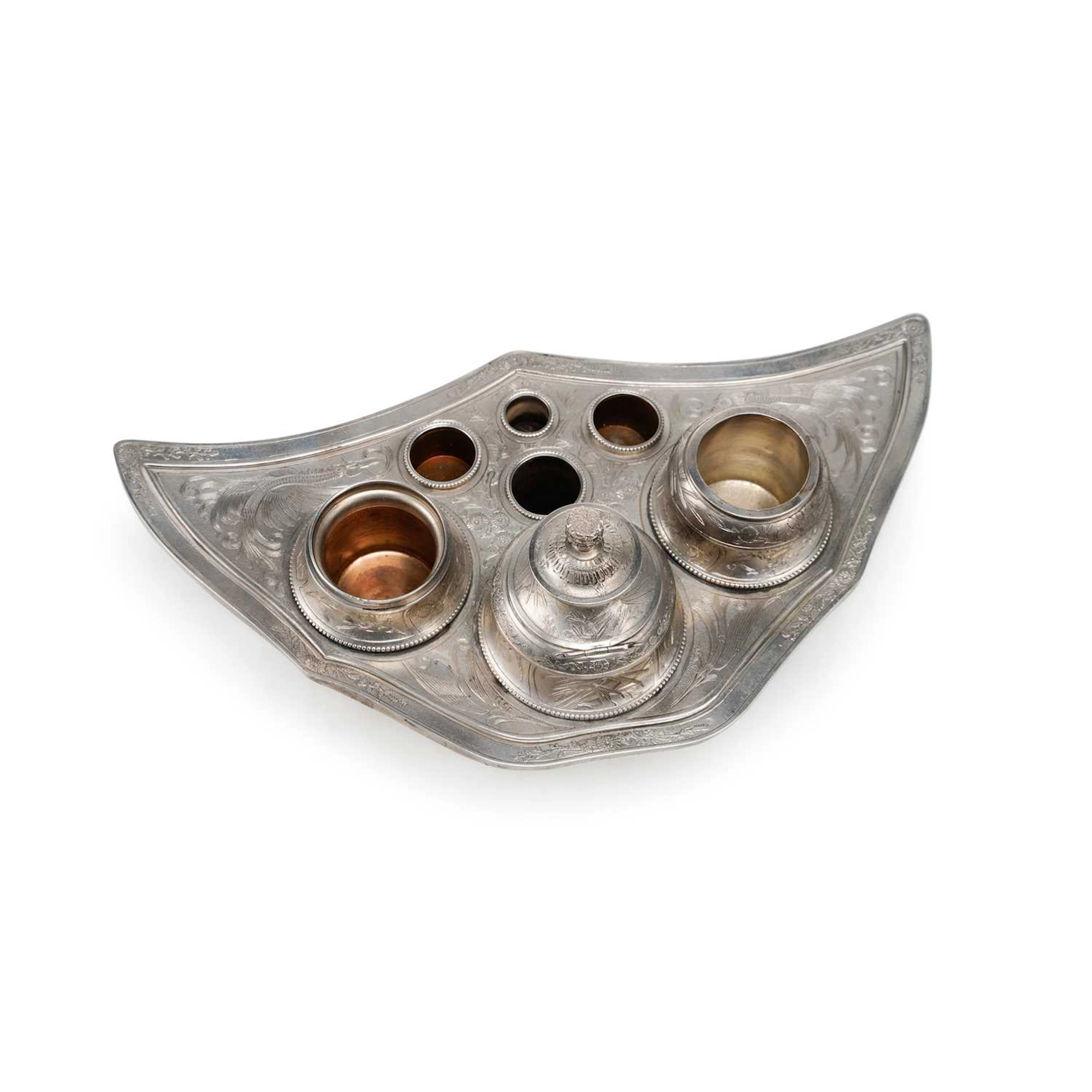 A SILVER AND PORCELAIN INK STAND