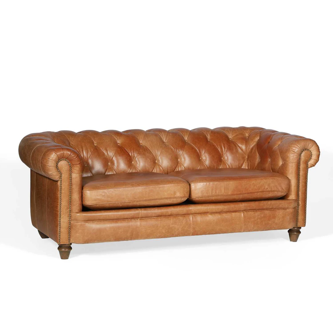 AN ALEXANDER & JAMES TAN LEATHER CHESTERFIELD SOFA