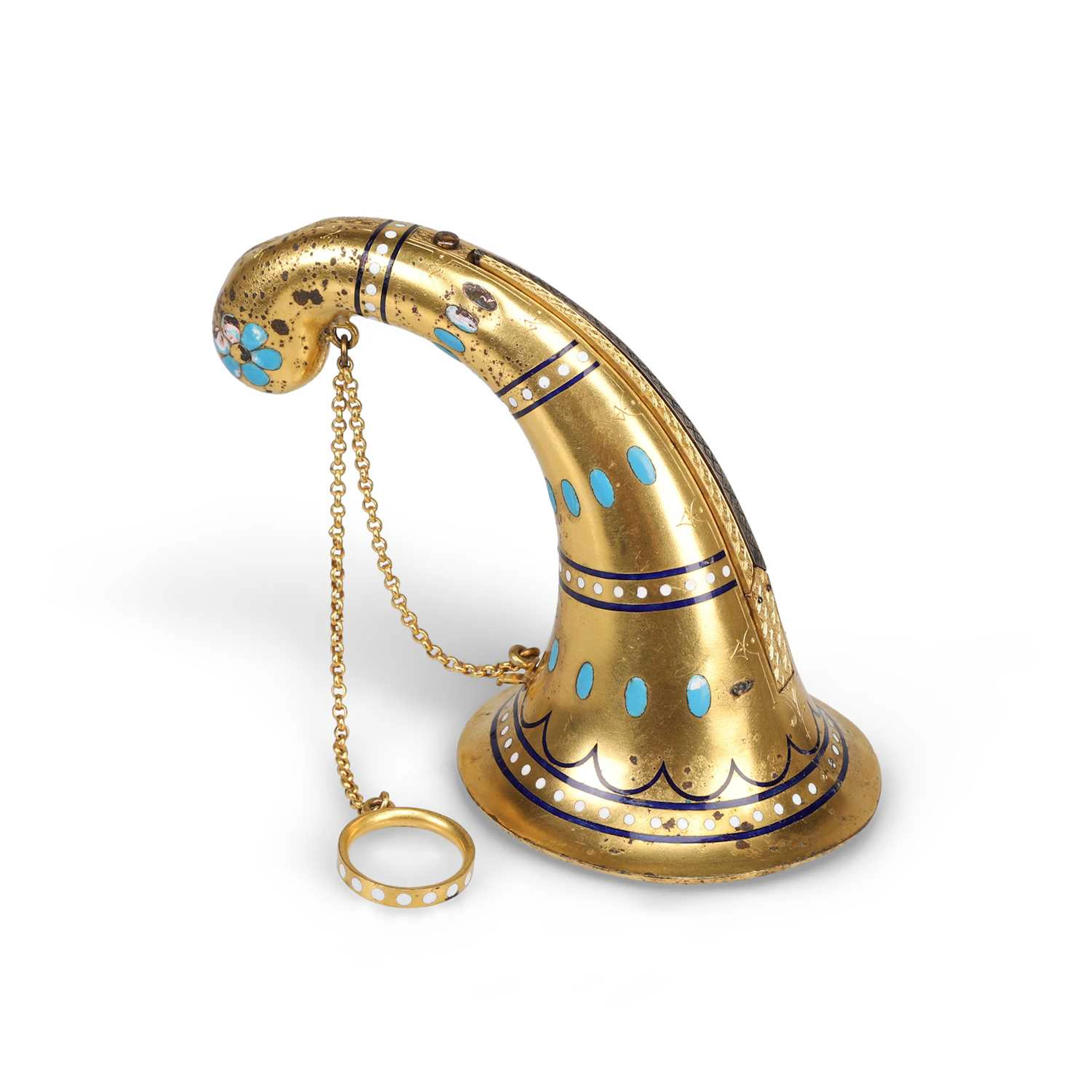 A VICTORIAN GILT METAL AND ENAMEL POSY HOLDER RETAILED BY JENNER &