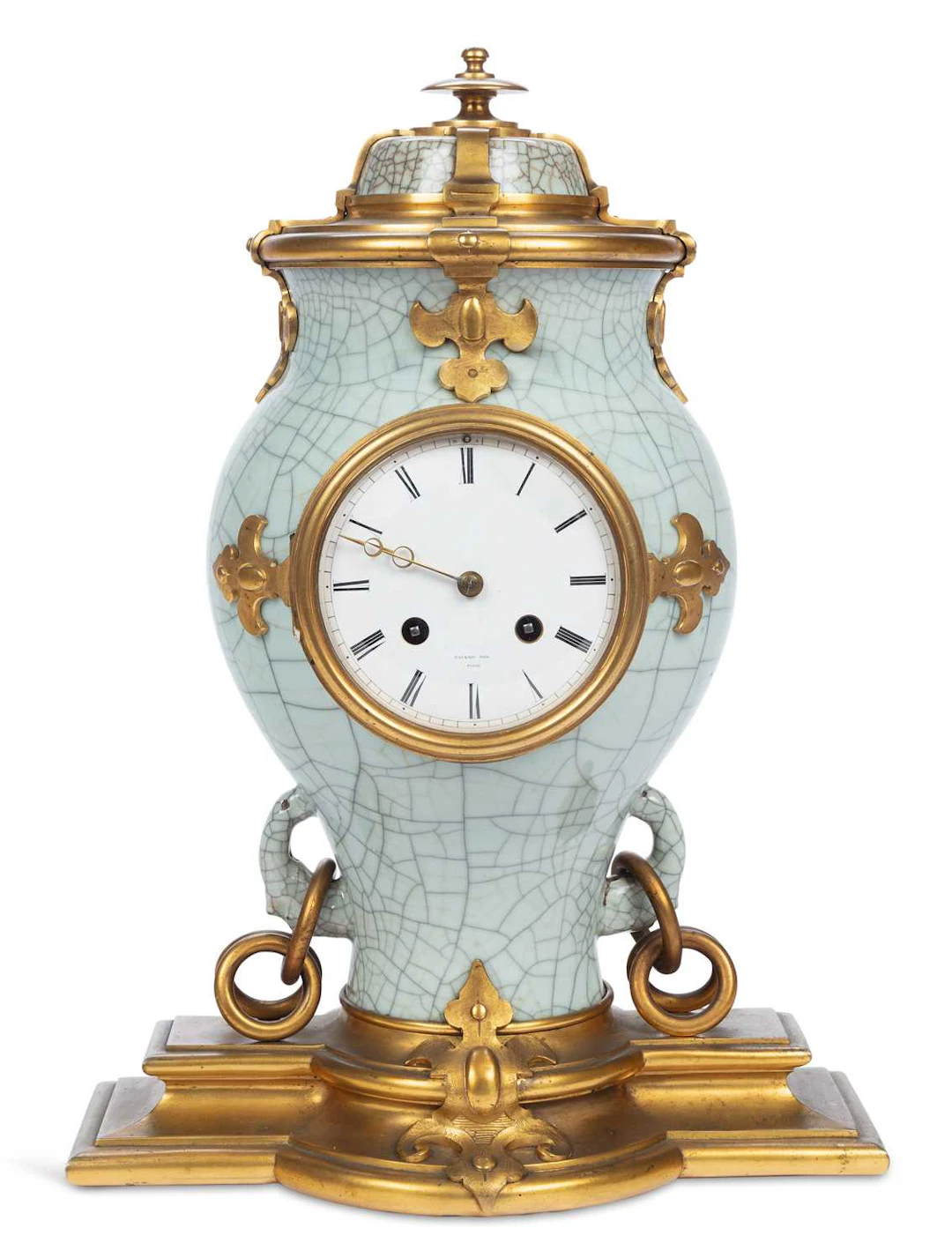 A FRENCH ORMOLU-MOUNTED CHINESE CRACKLE GLAZED PORCELAIN MANTEL CLOCK
