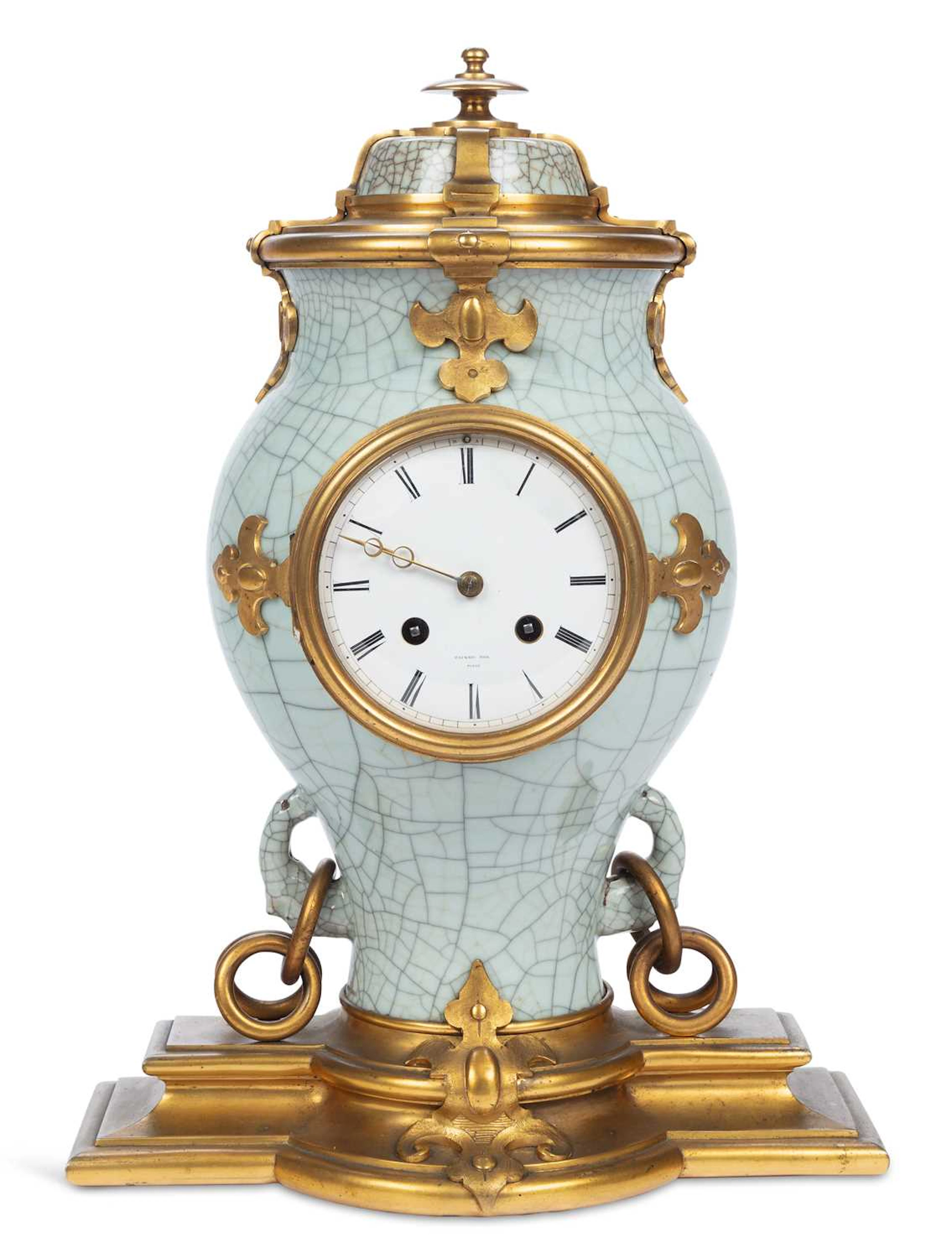 A FRENCH ORMOLU-MOUNTED CHINESE CRACKLE GLAZED PORCELAIN MANTEL CLOCK