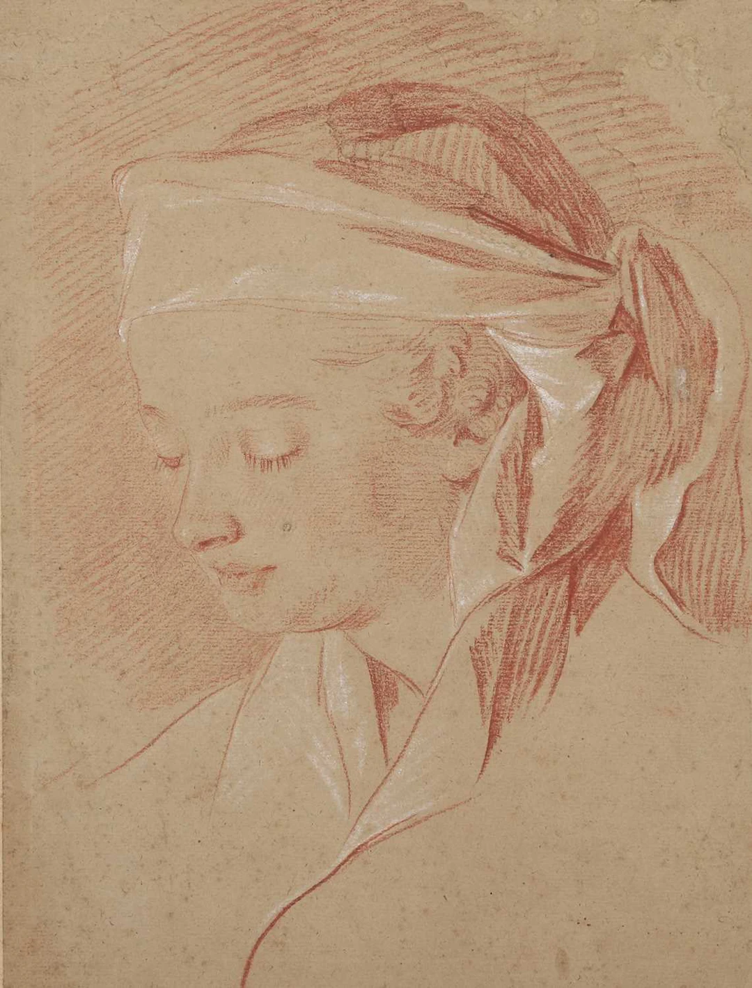 18TH CENTURY FRENCH SCHOOL PORTRAIT OF A LADY WEARING A HEADSCARF, LOOKING DOWN