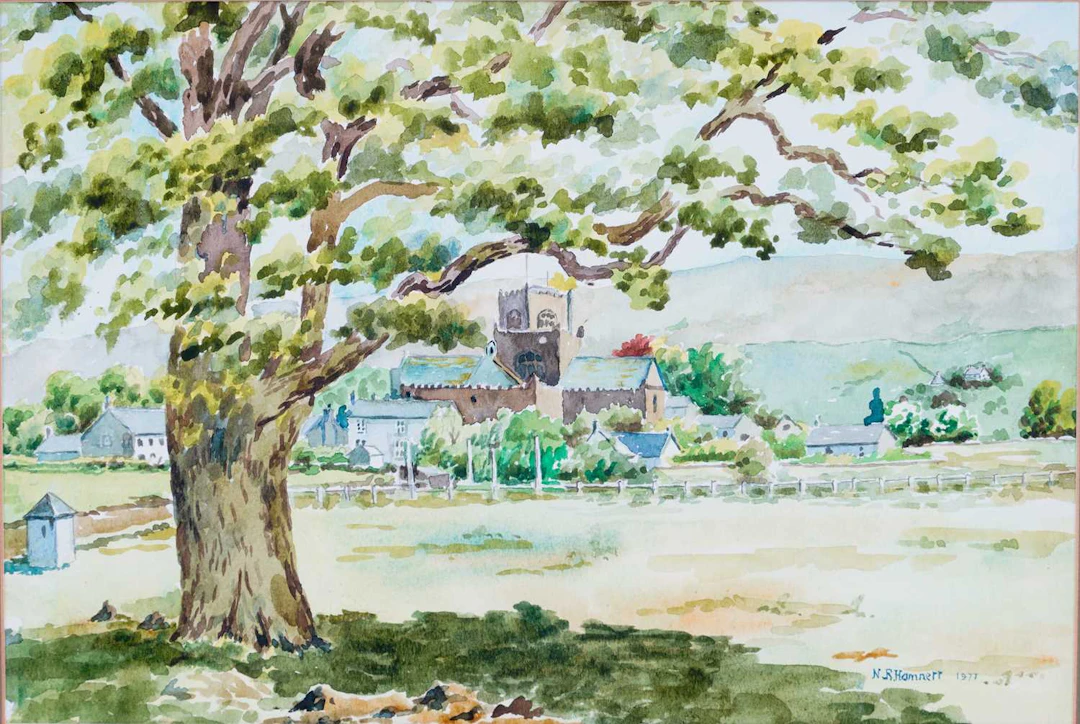 ‡ N R HAMNETT (20TH CENTURY) A LANDSCAPE WITH VILLAGE CHURCH, POSSIBLY