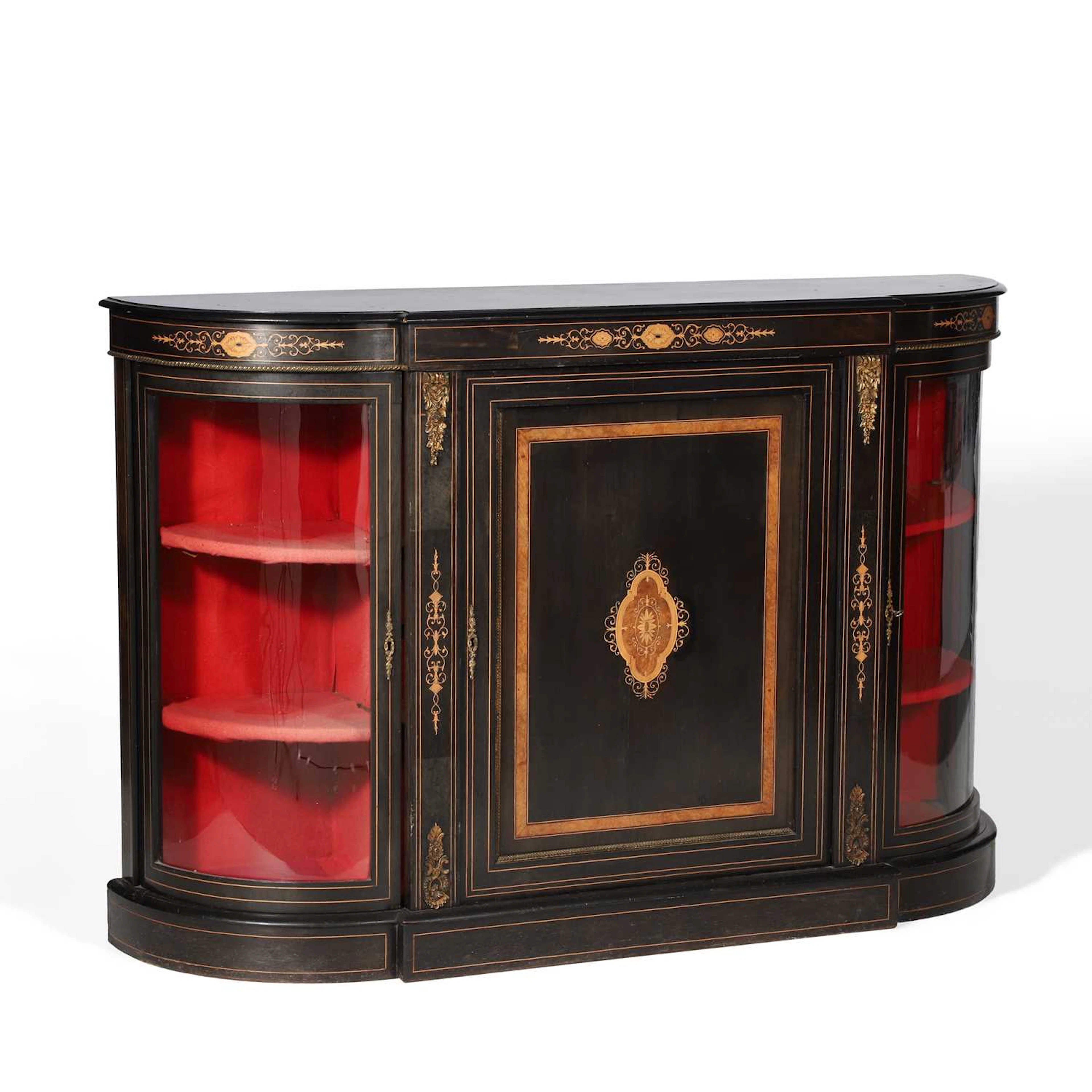 A VICTORIAN EBONISED AND GILT METAL MOUNTED CREDENZA
