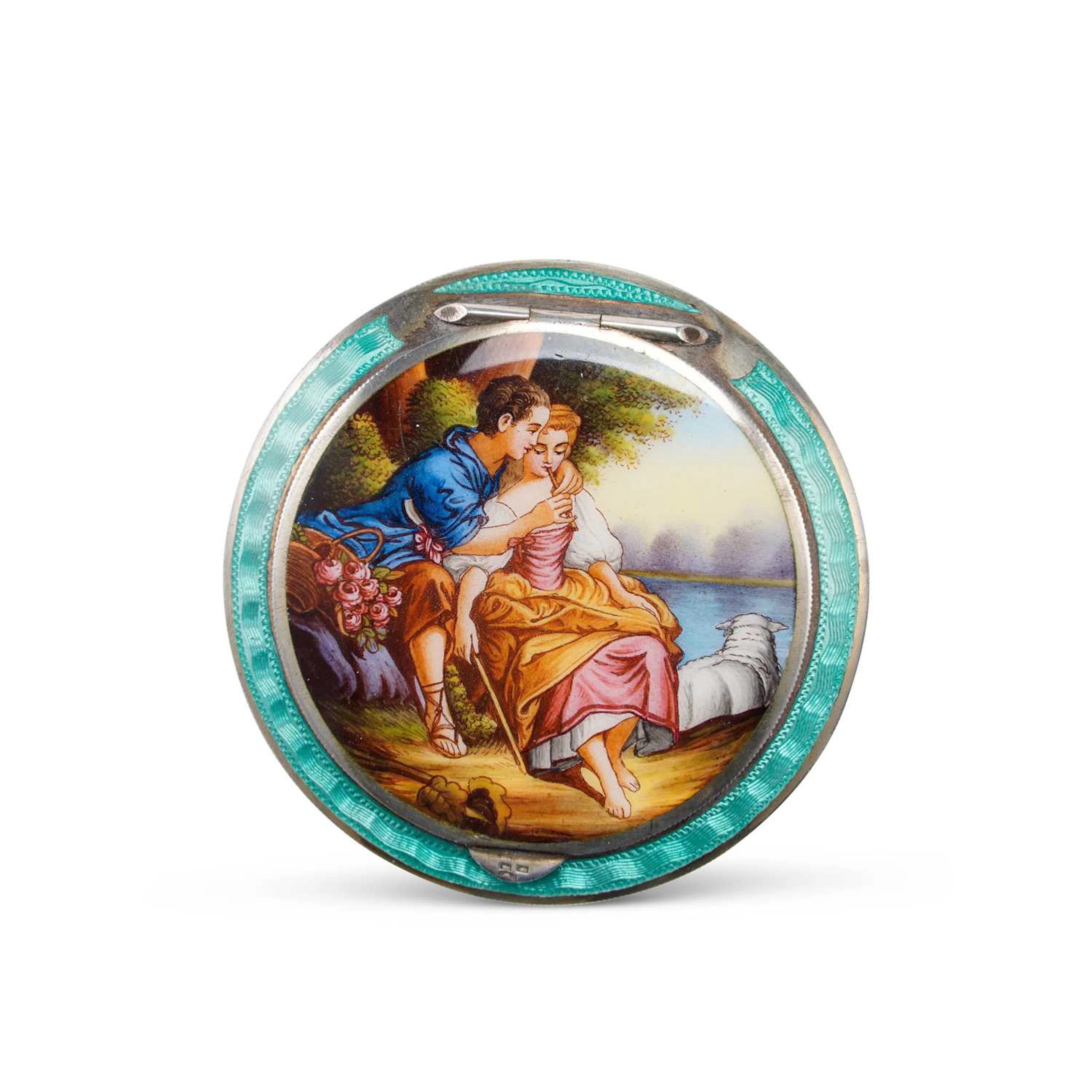A CONTINENTAL SILVER AND GUILLOCHÉ ENAMEL COMPACT