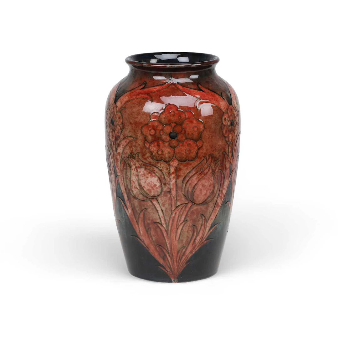 A RARE LARGE WILLIAM MOORCROFT PANELLED FLORIAN FLAMBÉ VASE CIRCA 1920S