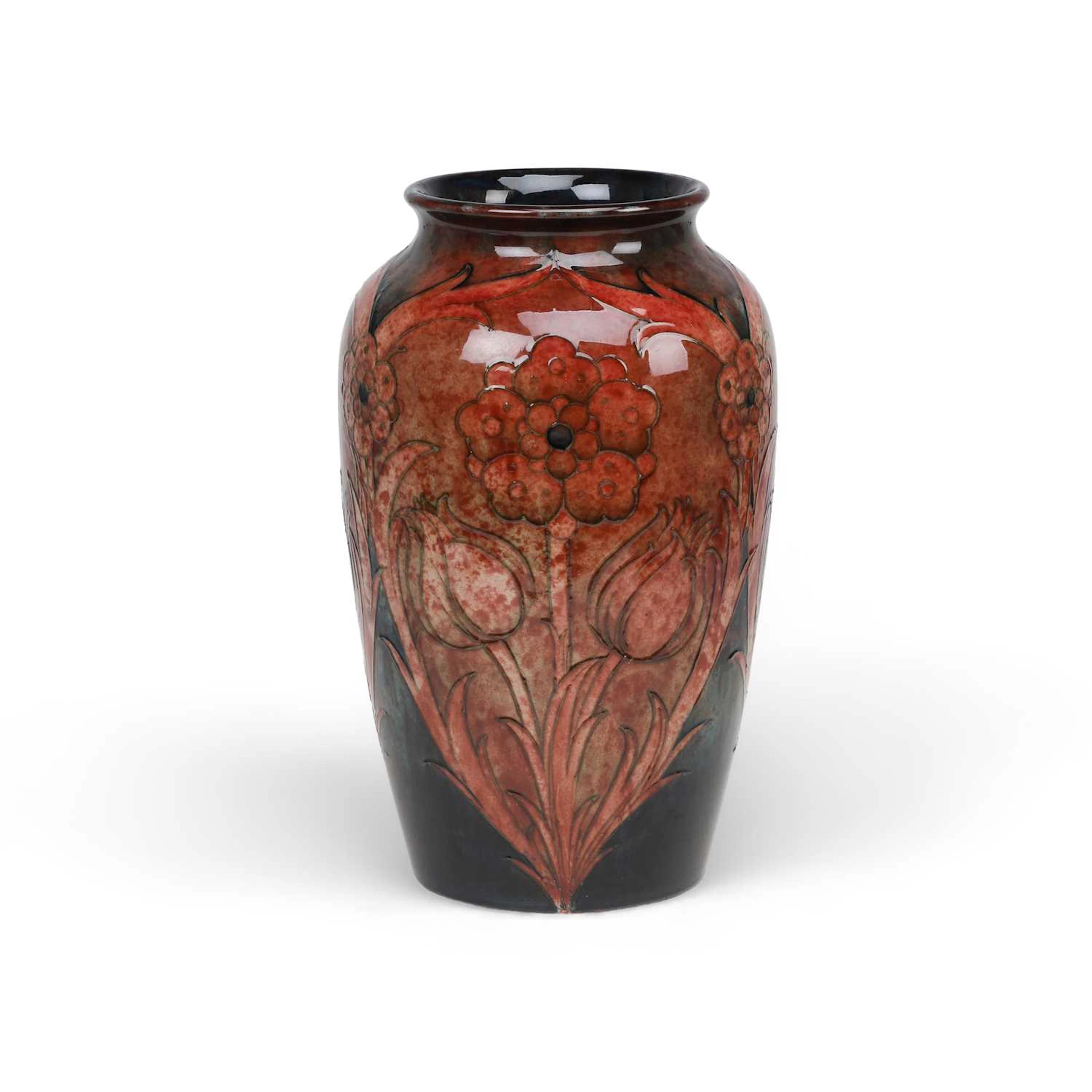 A RARE LARGE WILLIAM MOORCROFT PANELLED FLORIAN FLAMBÉ VASE CIRCA 1920S