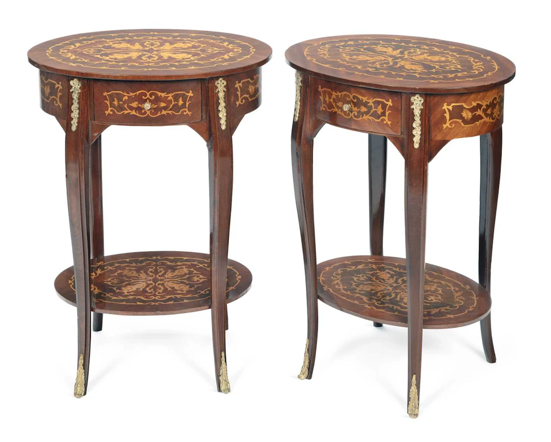 A PAIR OF MARQUETRY OVAL OCCASIONAL TABLES