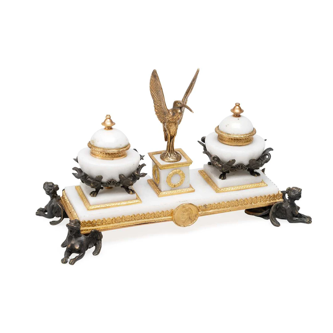 A FRENCH MARBLE AND BRONZE INKSTAND