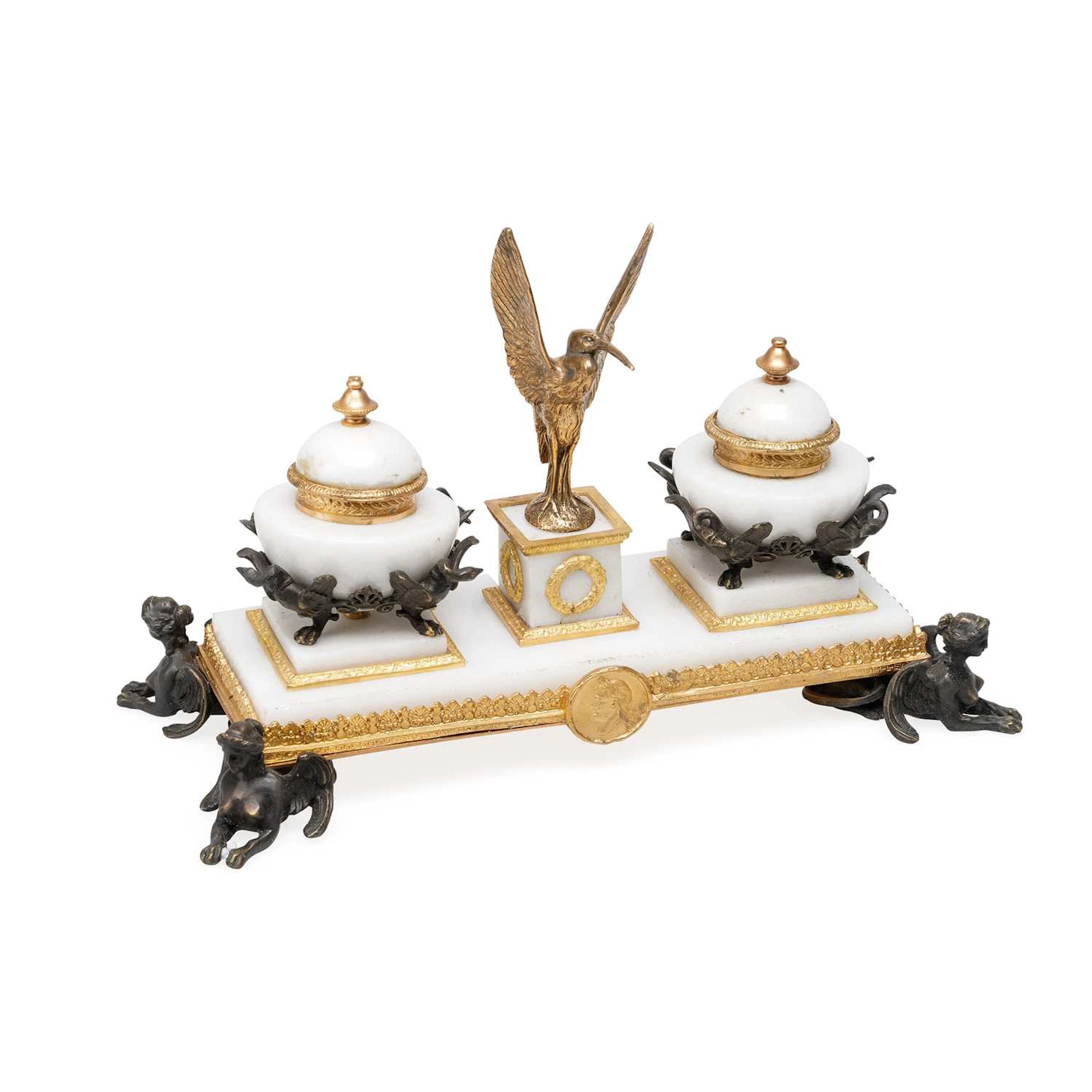 A FRENCH MARBLE AND BRONZE INKSTAND